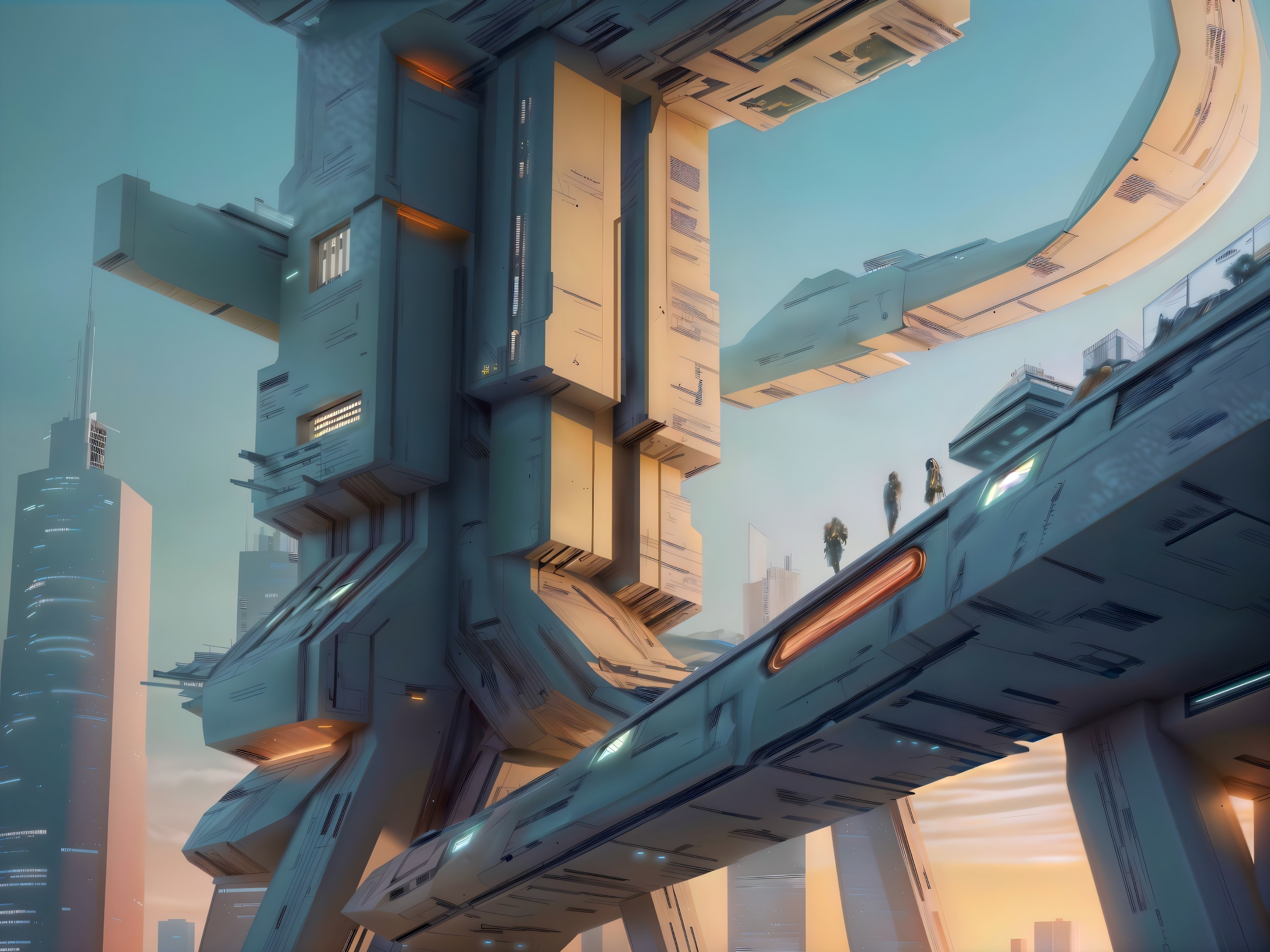 Futuristic cityscape with abstract structures and silhouettes