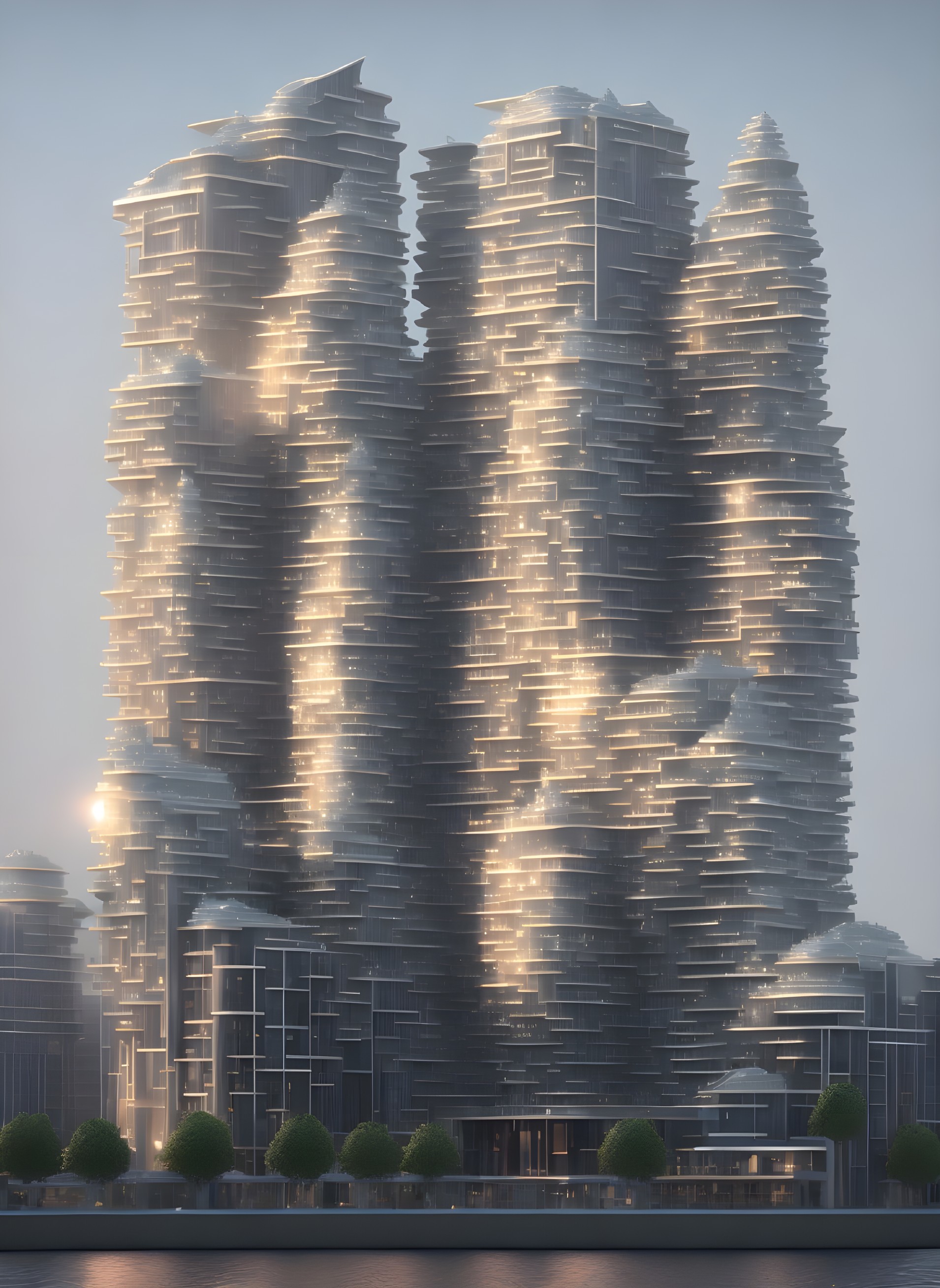 Irregular futuristic skyscrapers by serene waterfront
