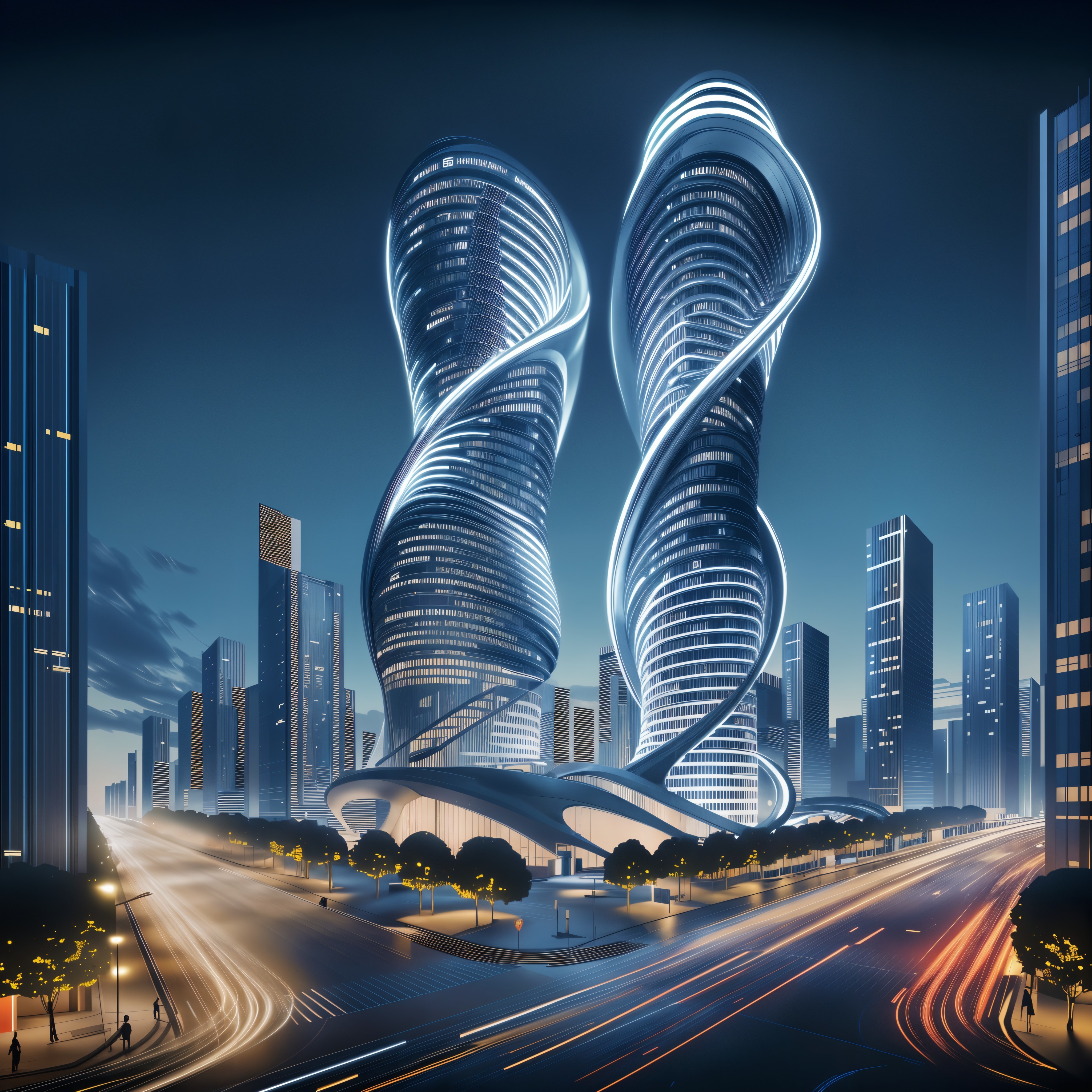 Modern Skyscrapers with Twisting Design and Twilight Sky