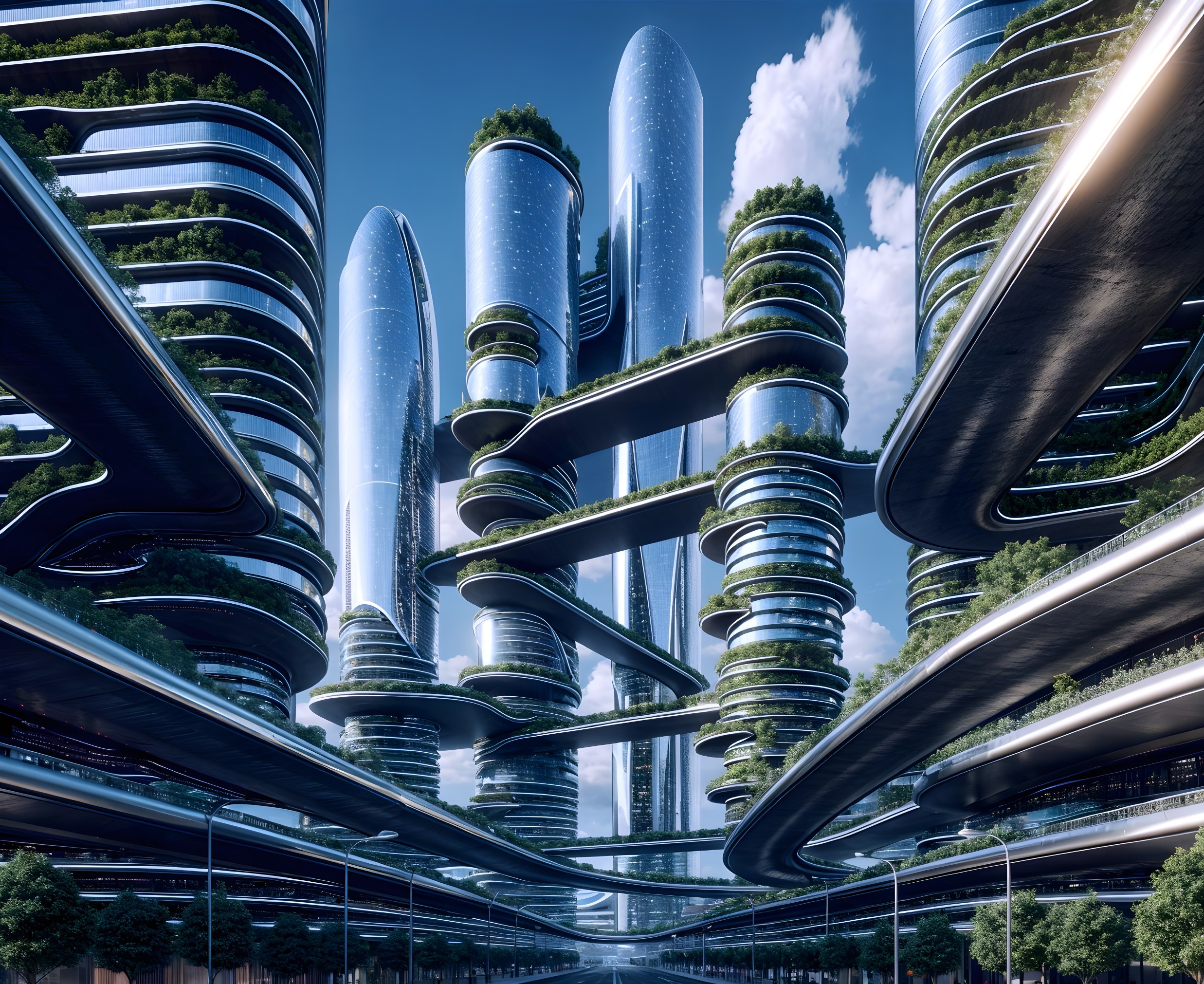 Futuristic cityscape with skyscrapers and greenery