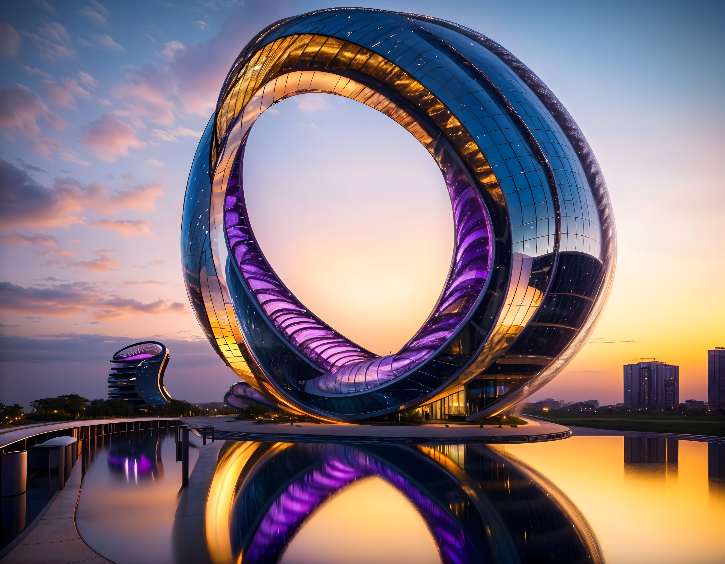 Futuristic Metallic Ring Structure at Sunset Reflection