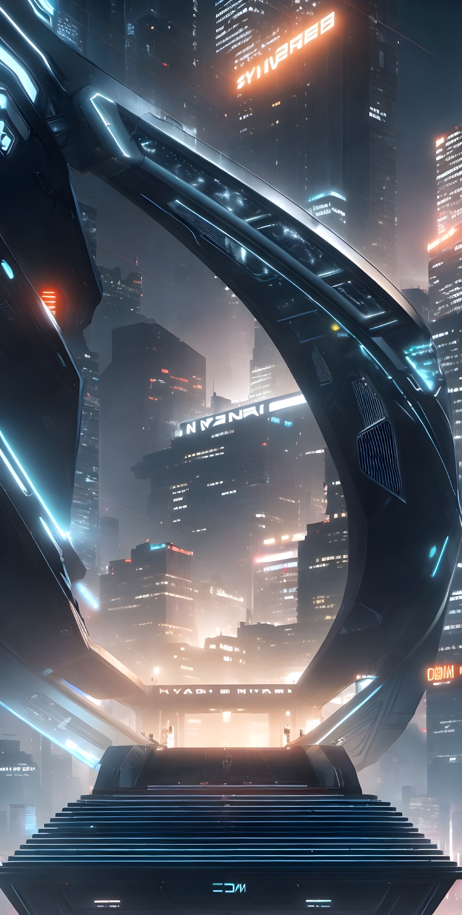 Futuristic Neon-Lit Cyberpunk Cityscape Description