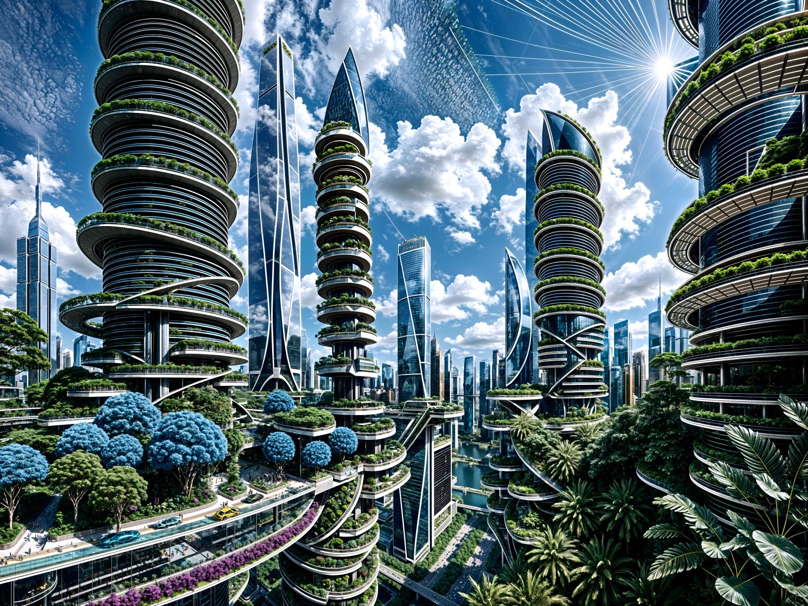 Futuristic cityscape with skyscrapers and greenery