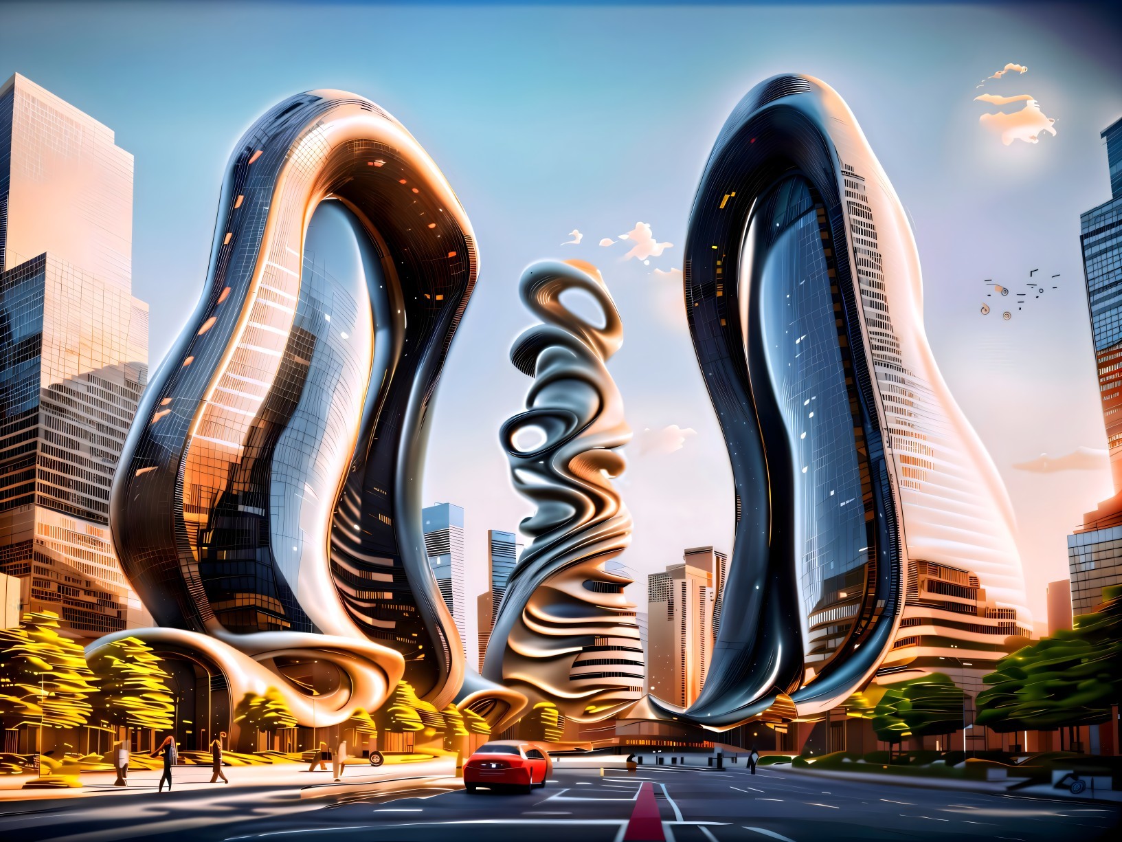 Futuristic Urban Landscape with Sculptural Skyscrapers
