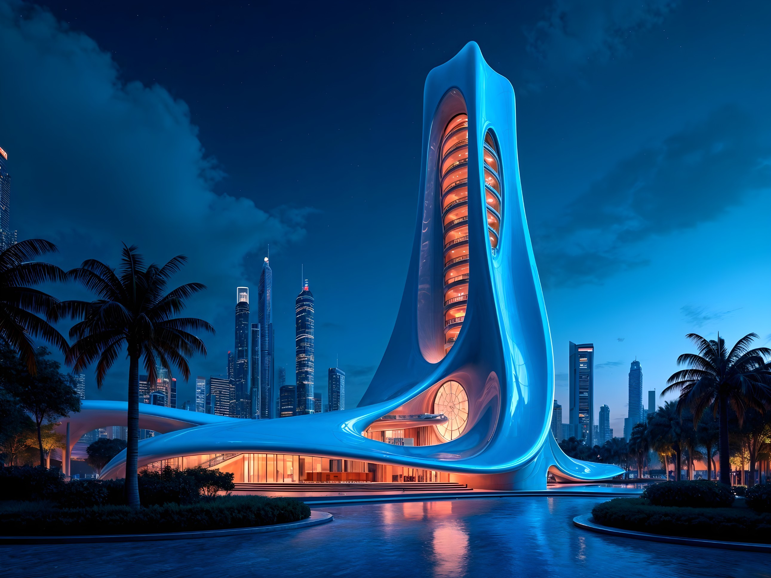 Futuristic Building with Fluid Design in Twilight Skyline
