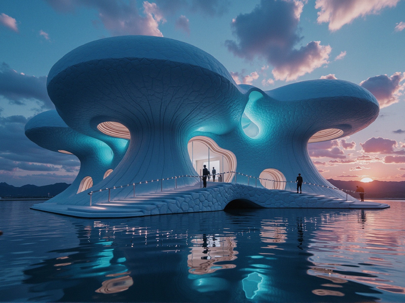 Futuristic Mushroom-Like Structure on Calm Water