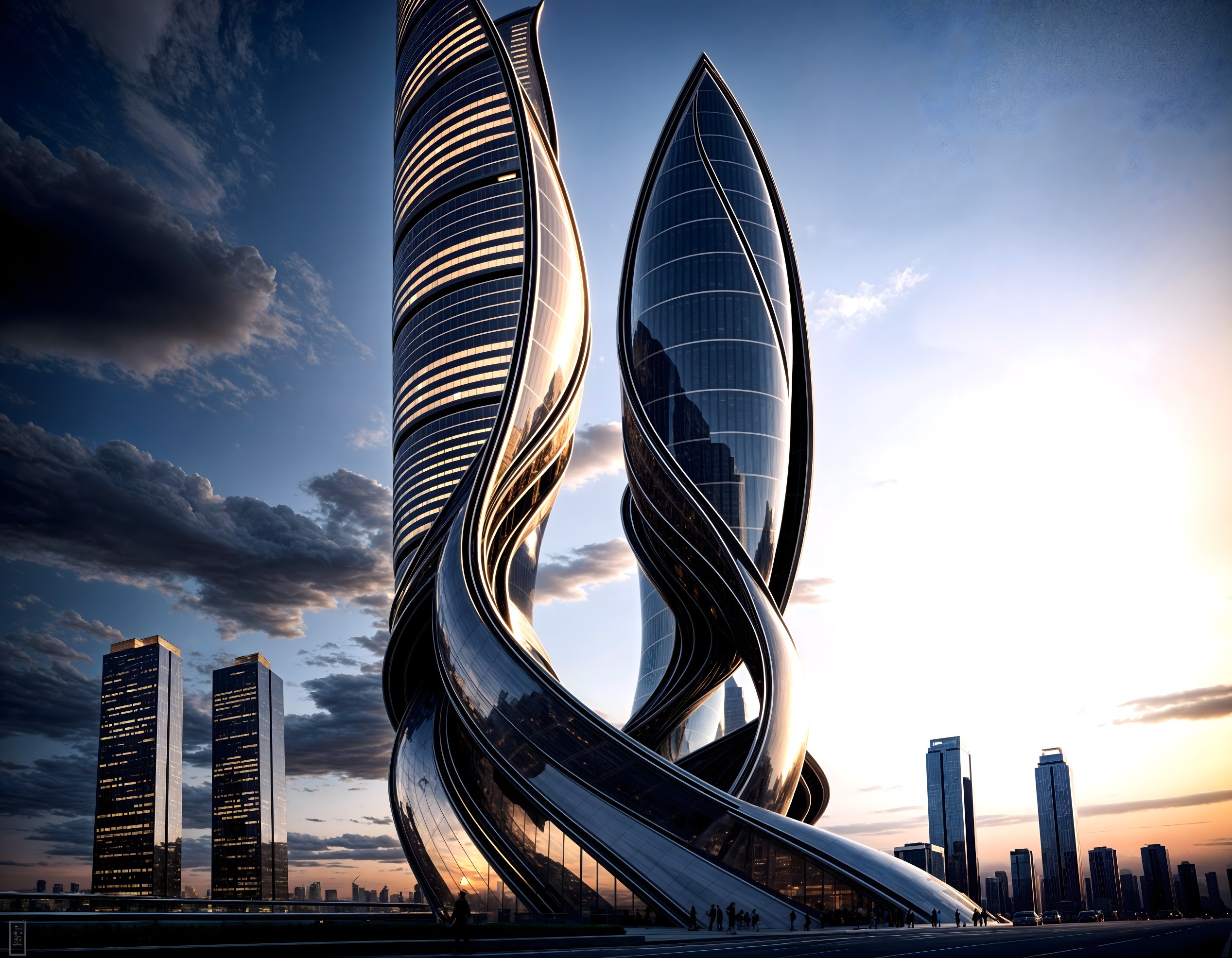 Futuristic Twisting Skyscrapers at Sunset