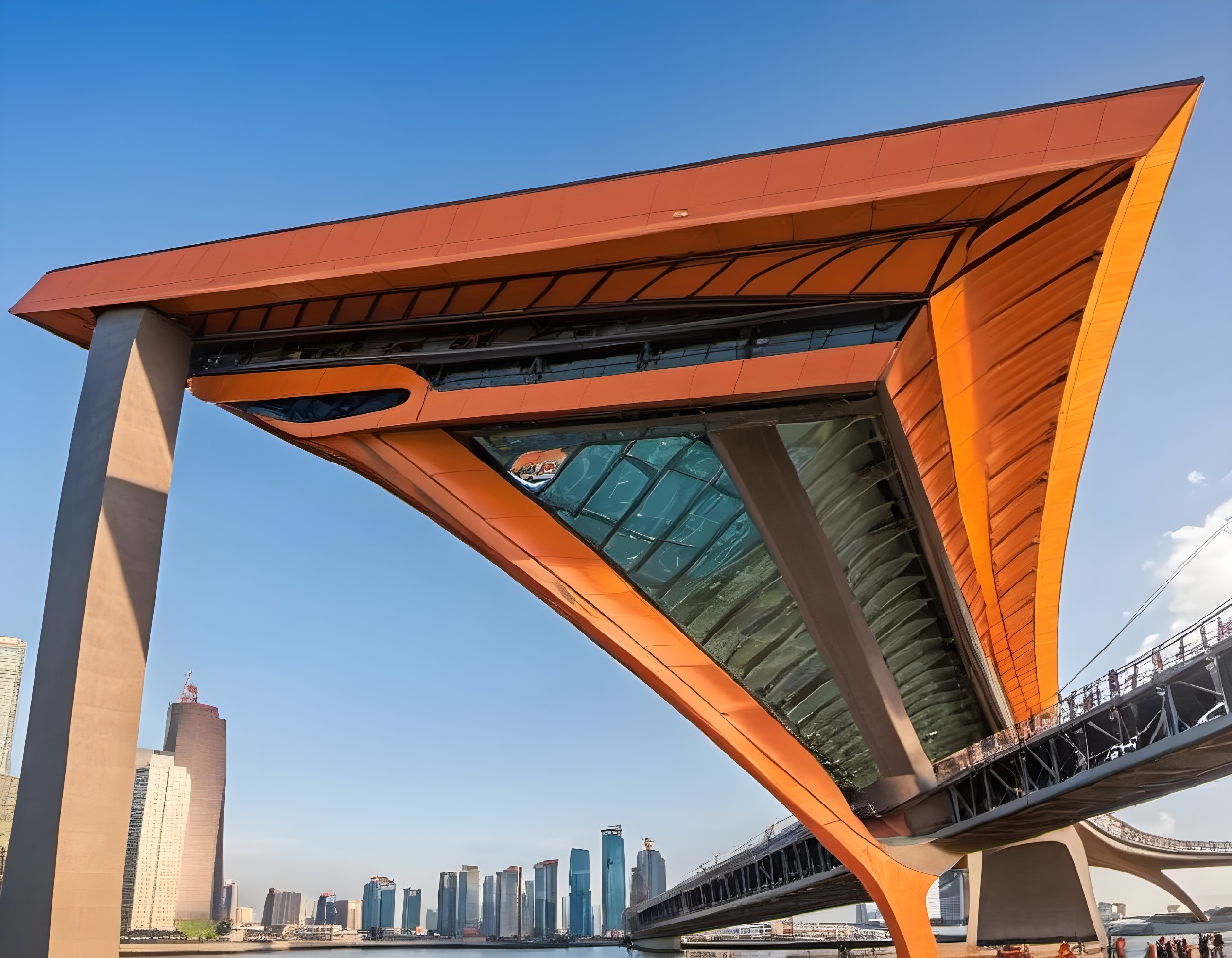 Modern Structure with Angular Roof and City Skyline