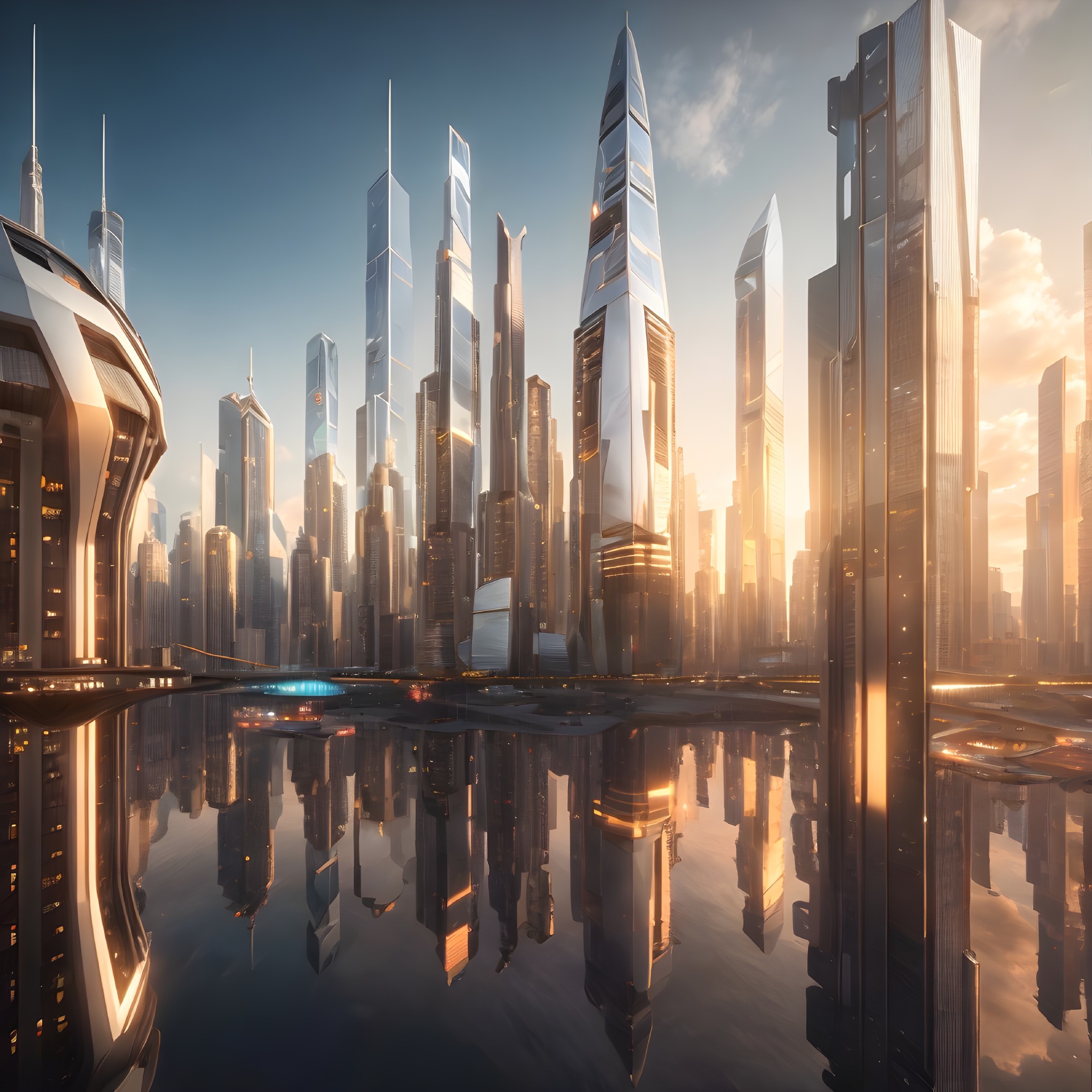 Futuristic City Skyline at Sunset with Glass Skyscrapers