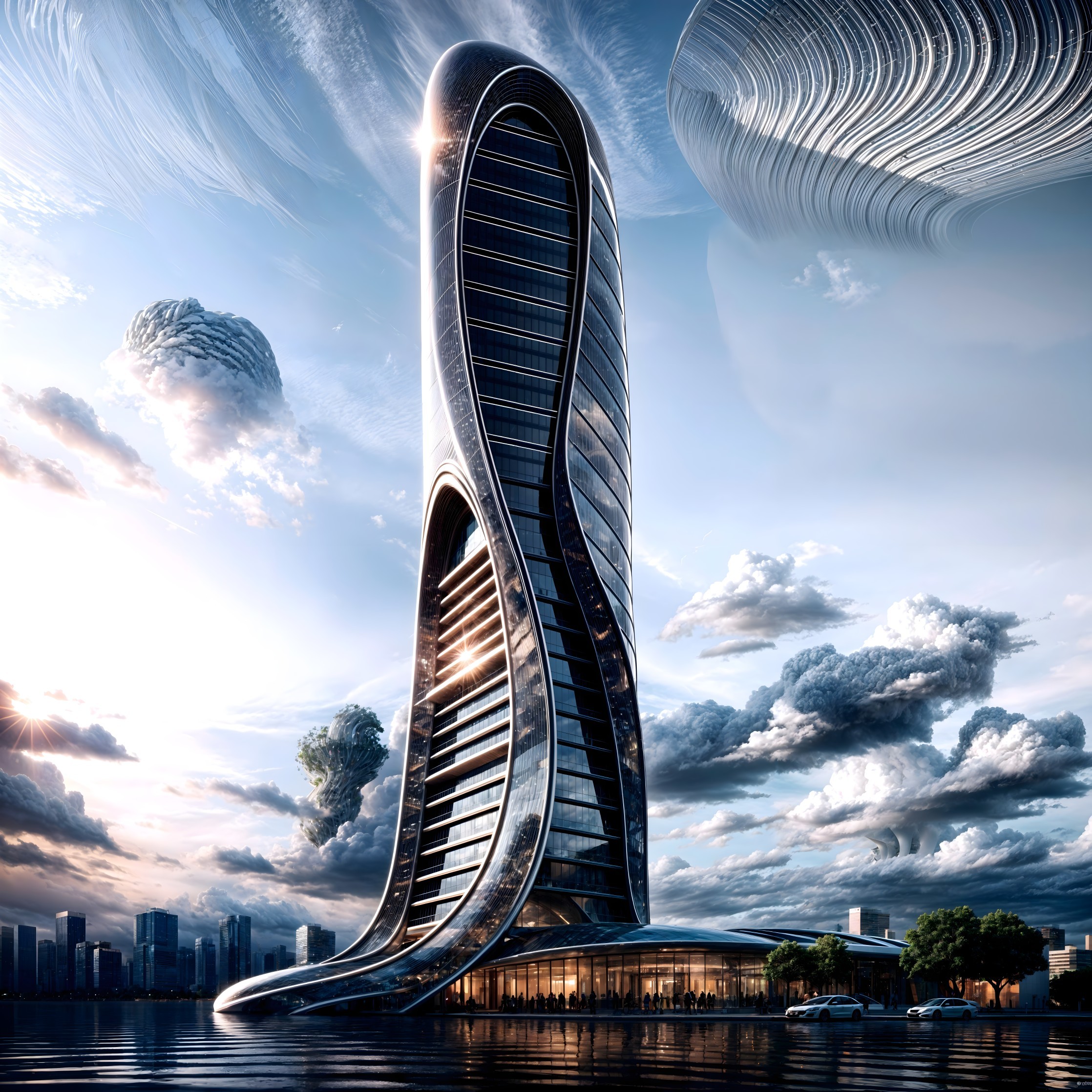 Futuristic Skyscraper with Fluid Design by Water