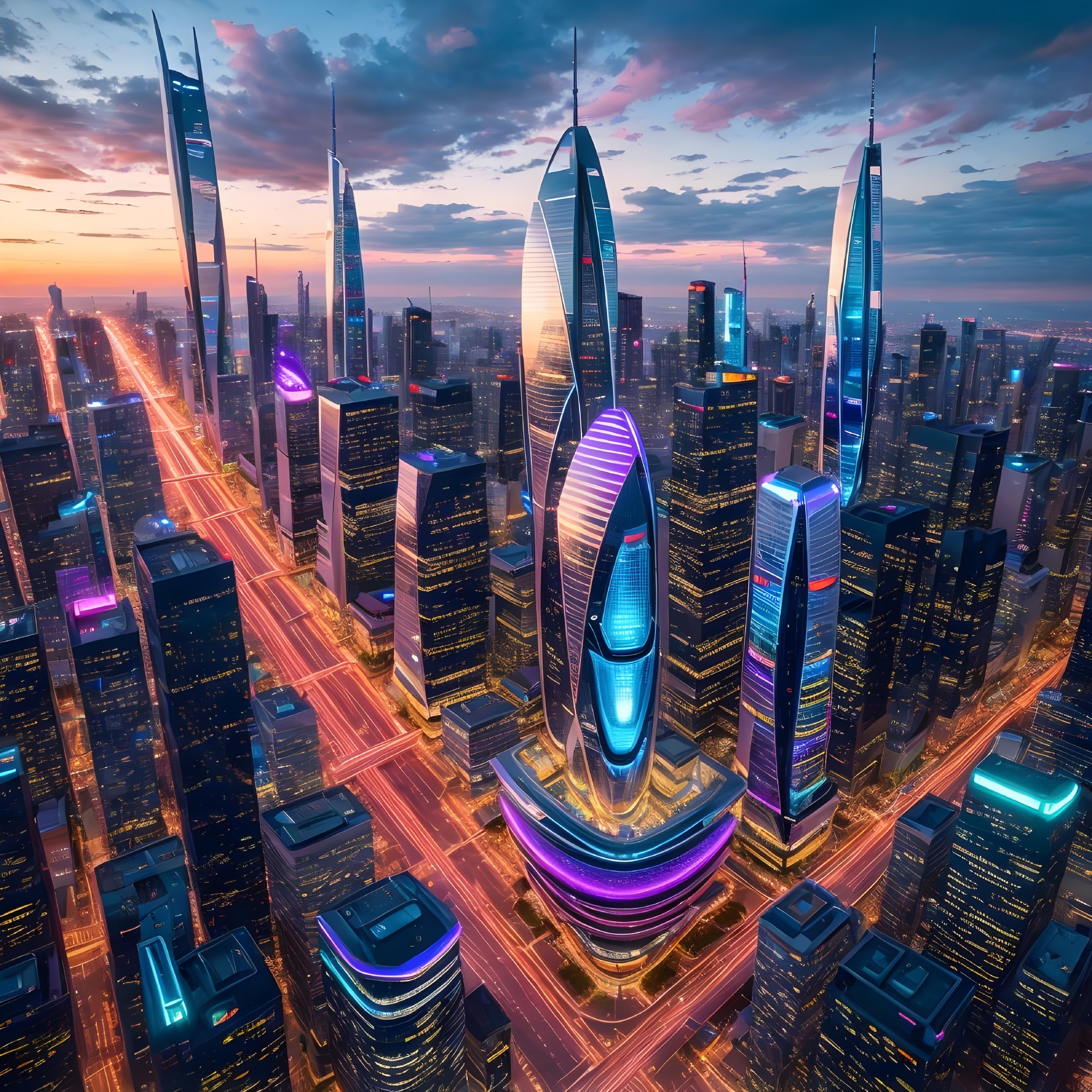Futuristic City Skyline at Dusk with Neon Lights