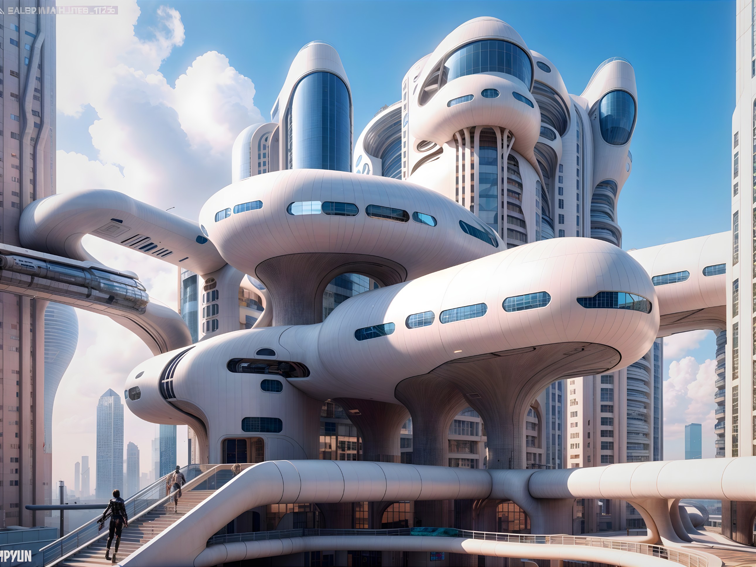 Futuristic cityscape with organic architecture and walkways