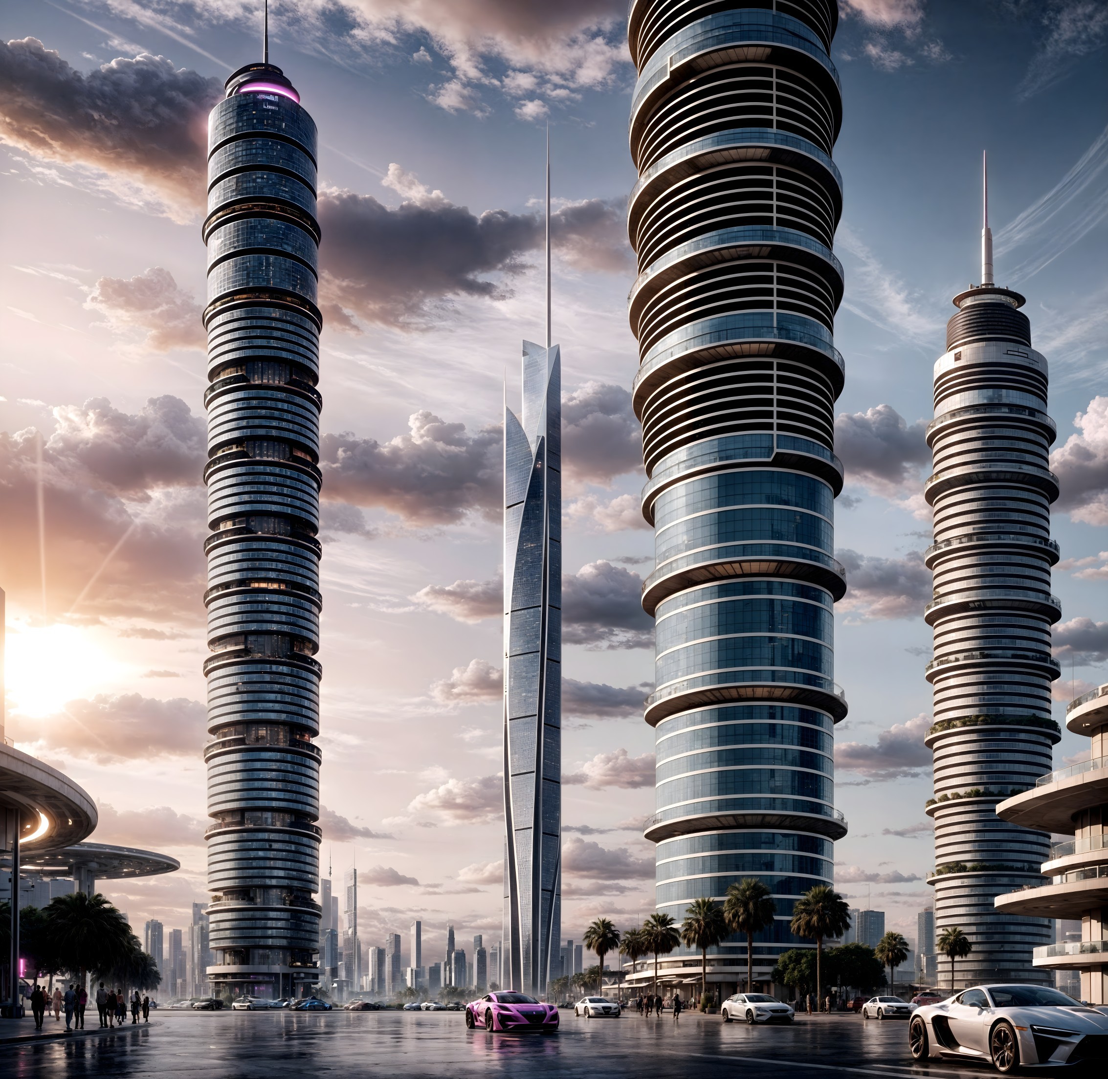 Futuristic Cityscape with Skyscrapers and Sunset Glow