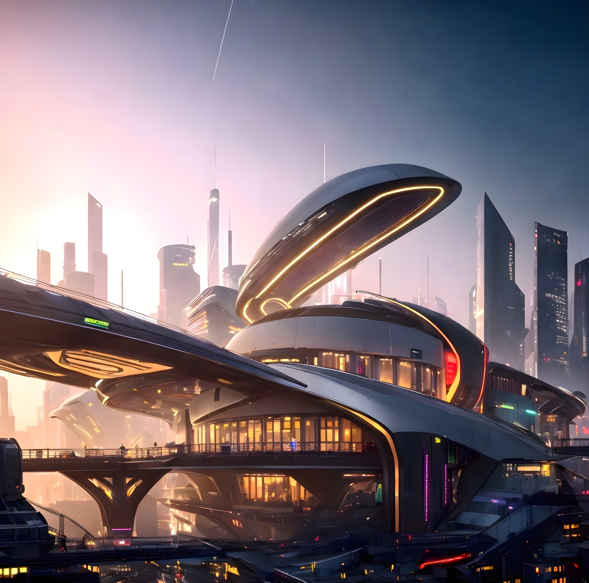 Futuristic cityscape with modern architecture and lighting