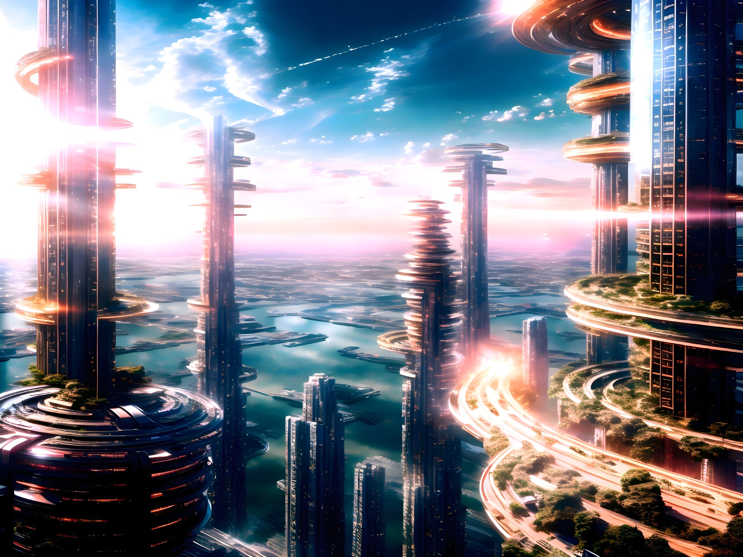 Futuristic cityscape with spiral skyscrapers and greenery