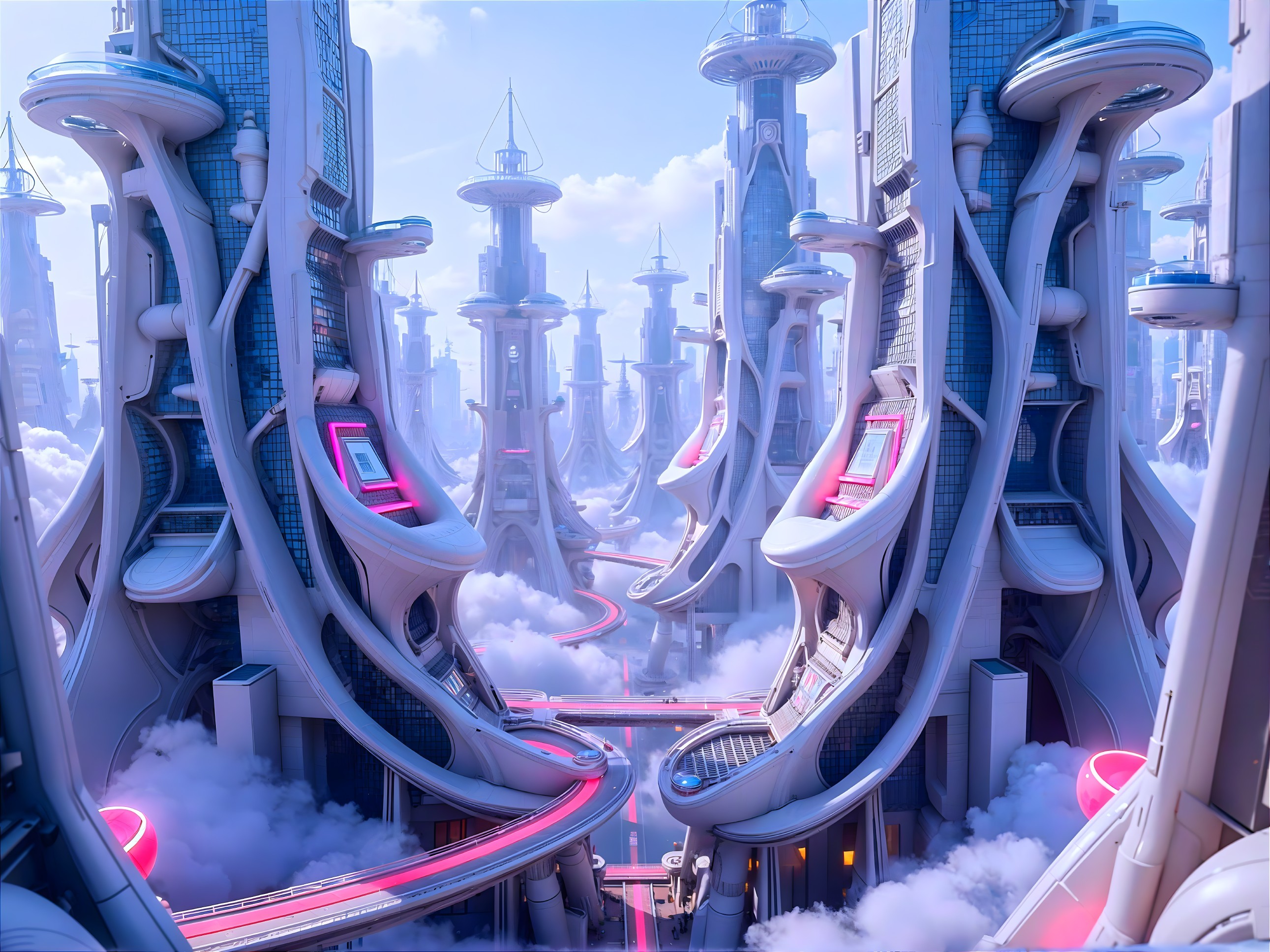 Futuristic cityscape with sleek skyscrapers and neon lights