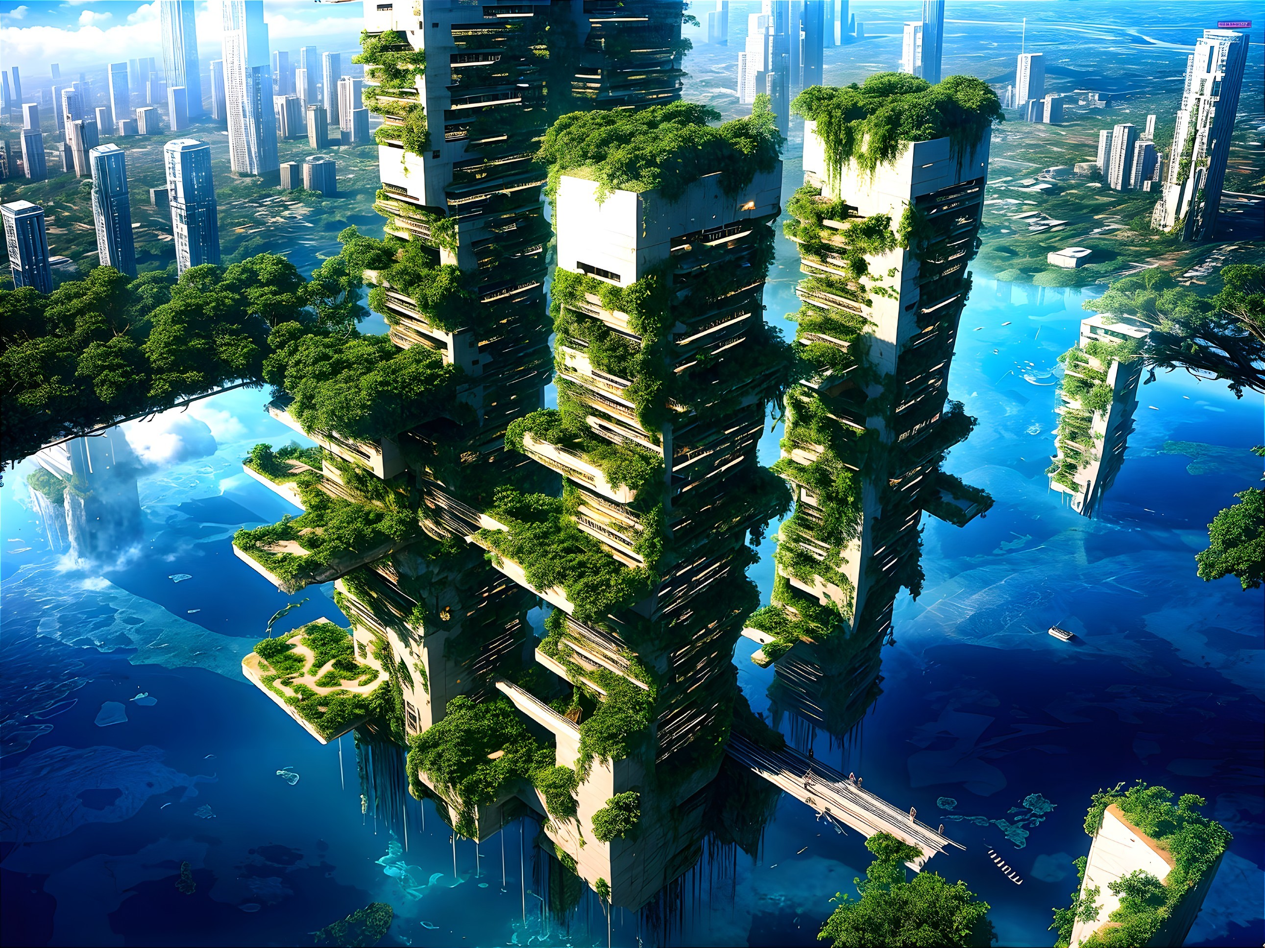 Futuristic cityscape with skyscrapers and greenery