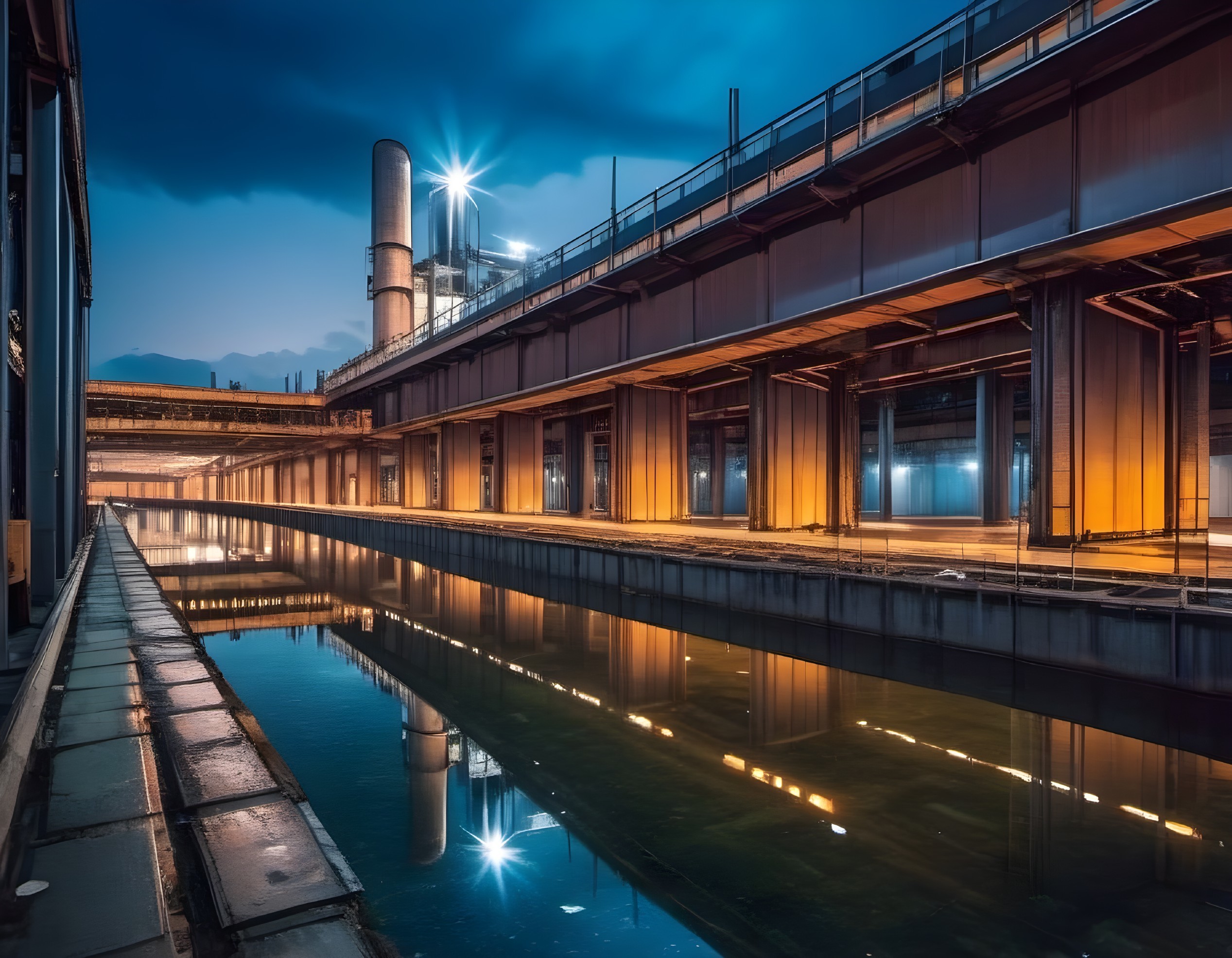 Serene Industrial Landscape at Dusk with Waterway