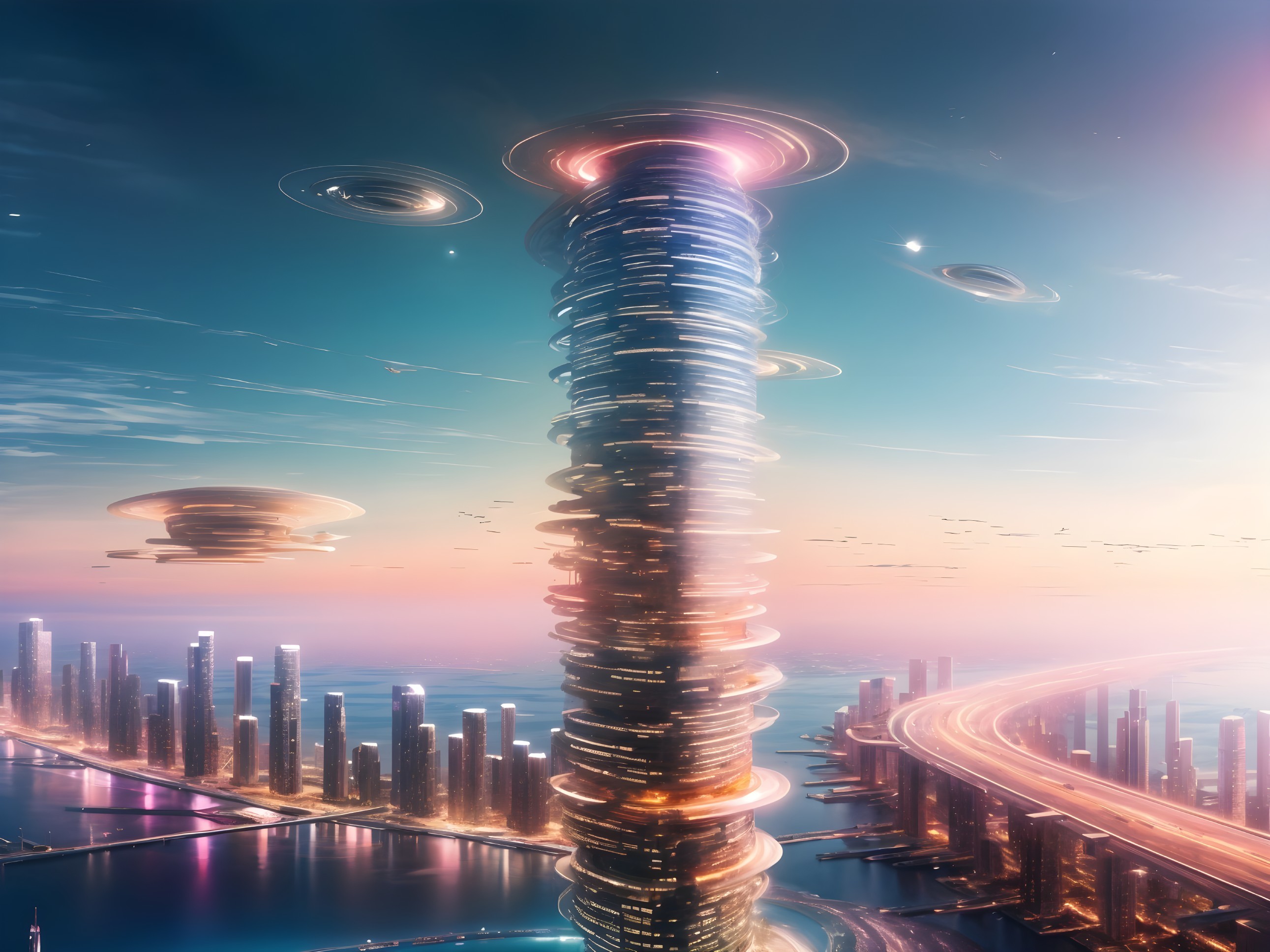 Futuristic cityscape with spiral structure and sunset