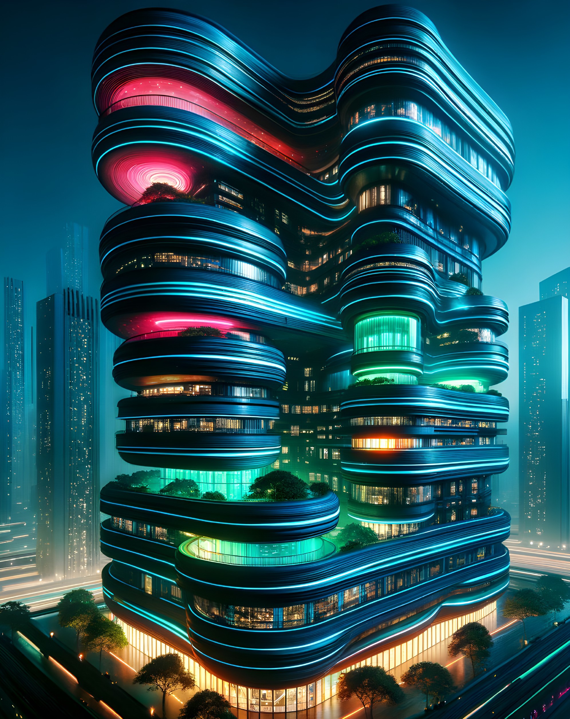 Futuristic Building with Neon Lights and Green Terraces