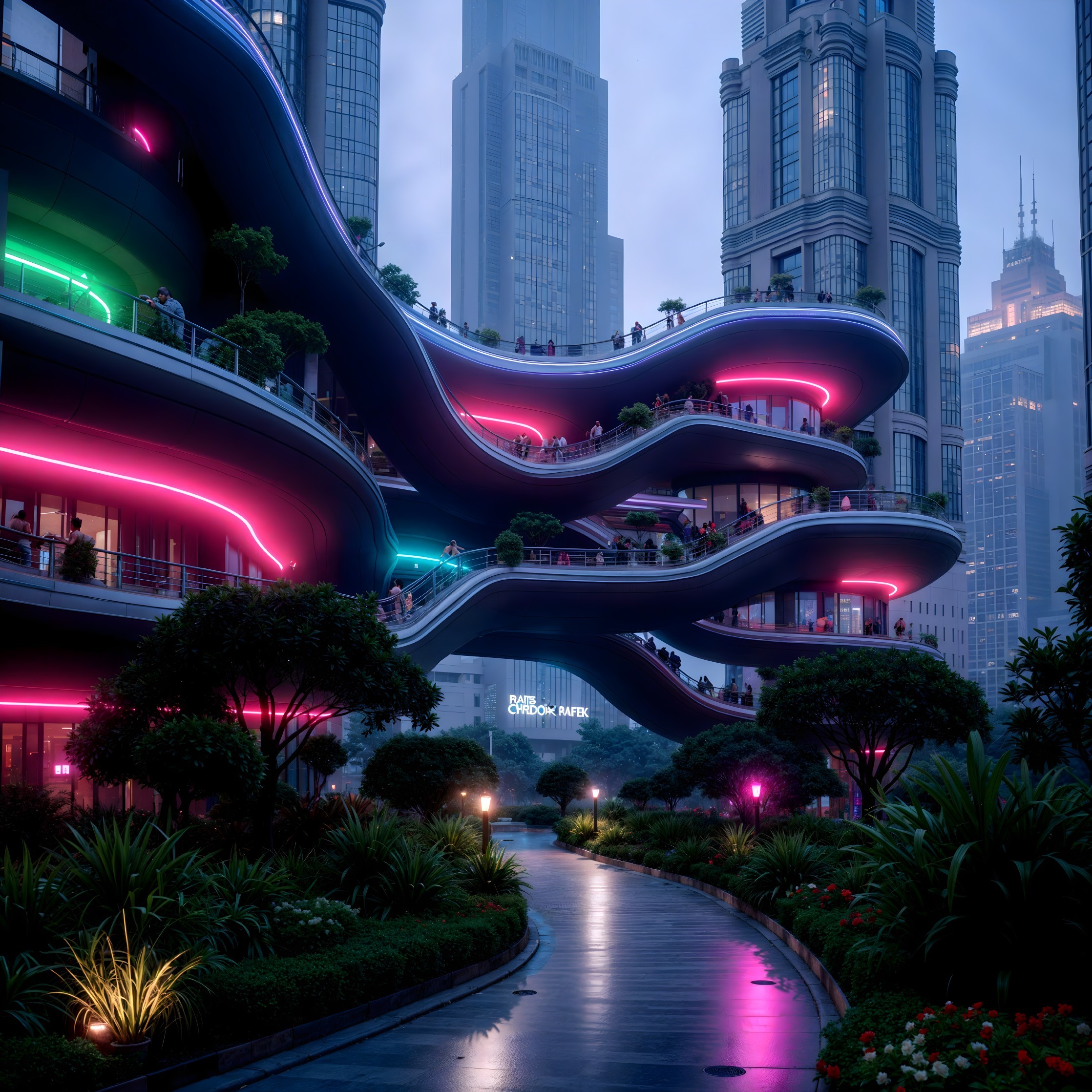 Futuristic Urban Scene with Neon Lights and Greenery