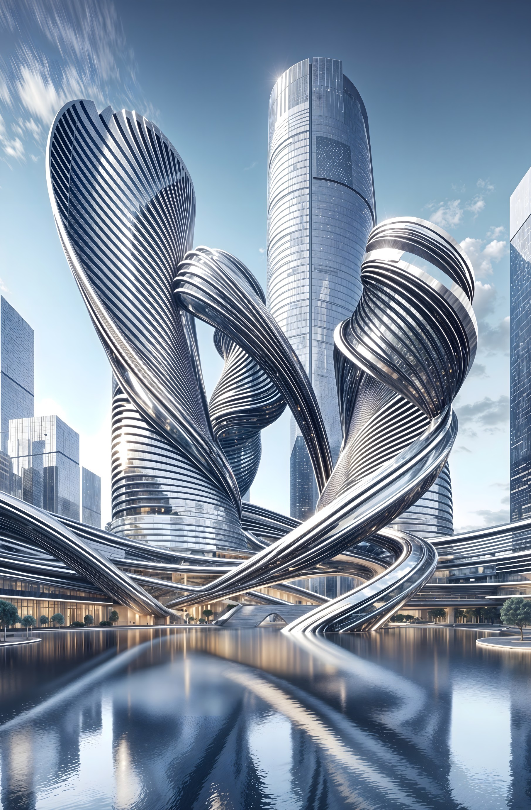 Futuristic Architectural Design with Twisting Metallic Structures
