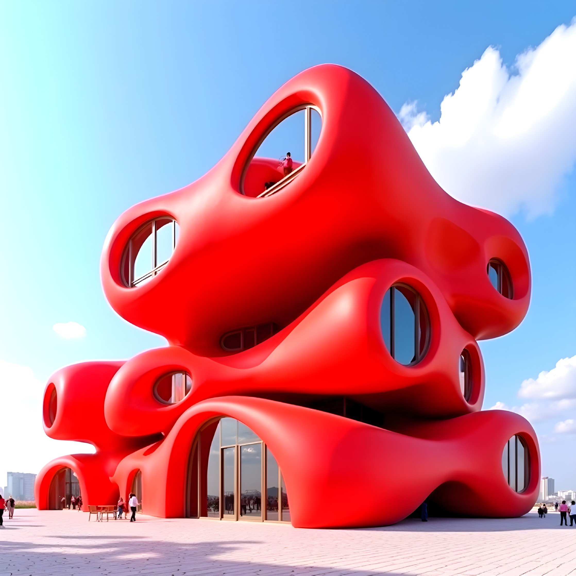 Modern Red Building with Organic Shapes and Windows
