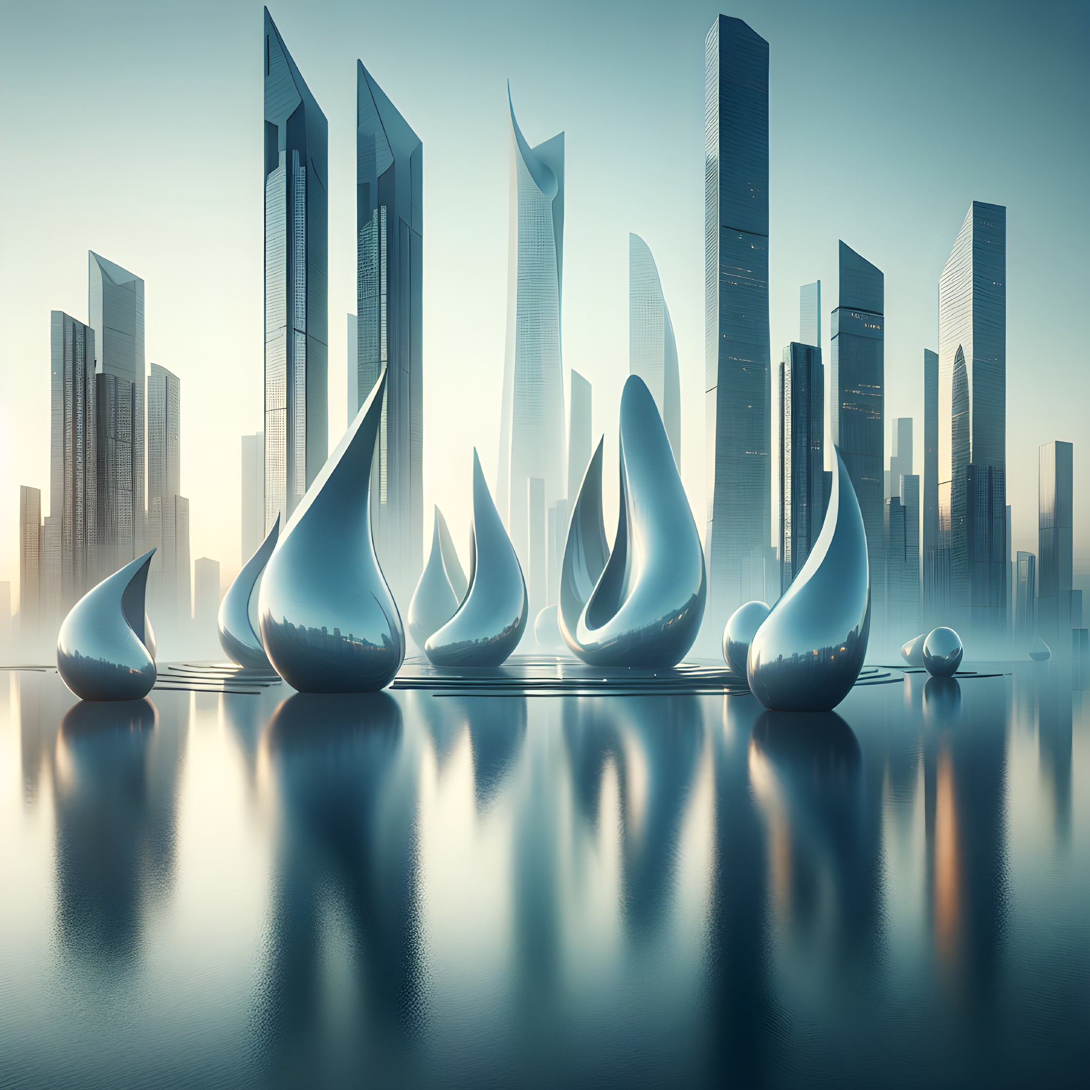 Futuristic city skyline with teardrop sculptures and water