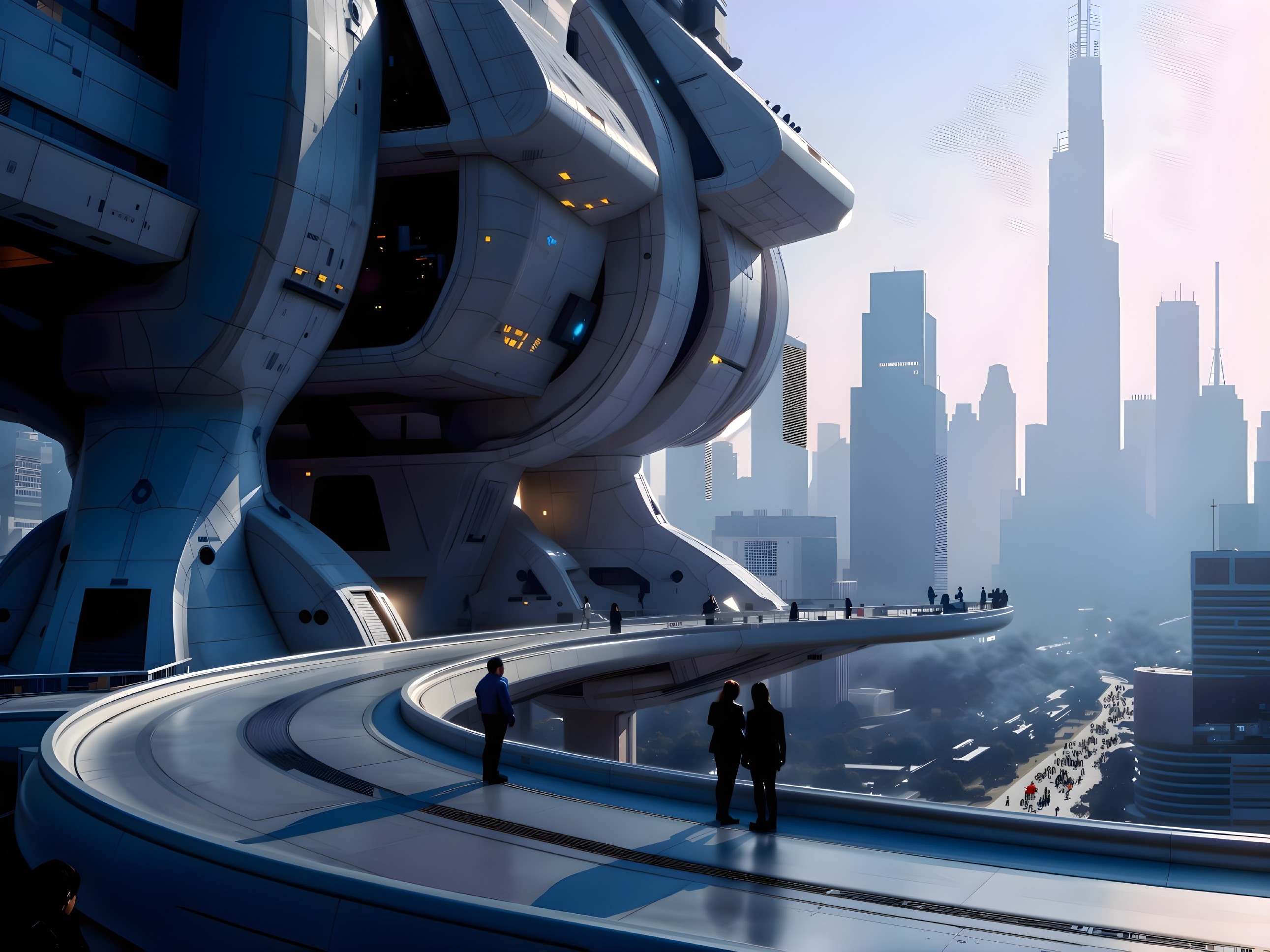 Futuristic Cityscape with Modular Architecture and Walkways
