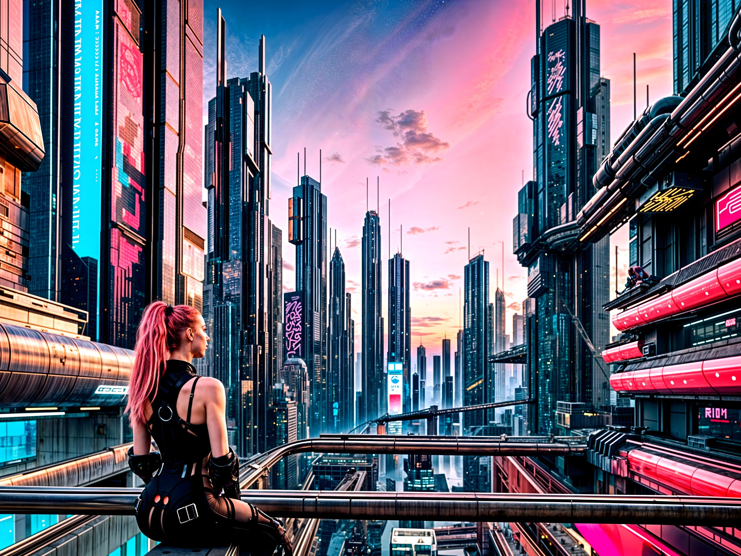 Futuristic cityscape with neon signs and sunset