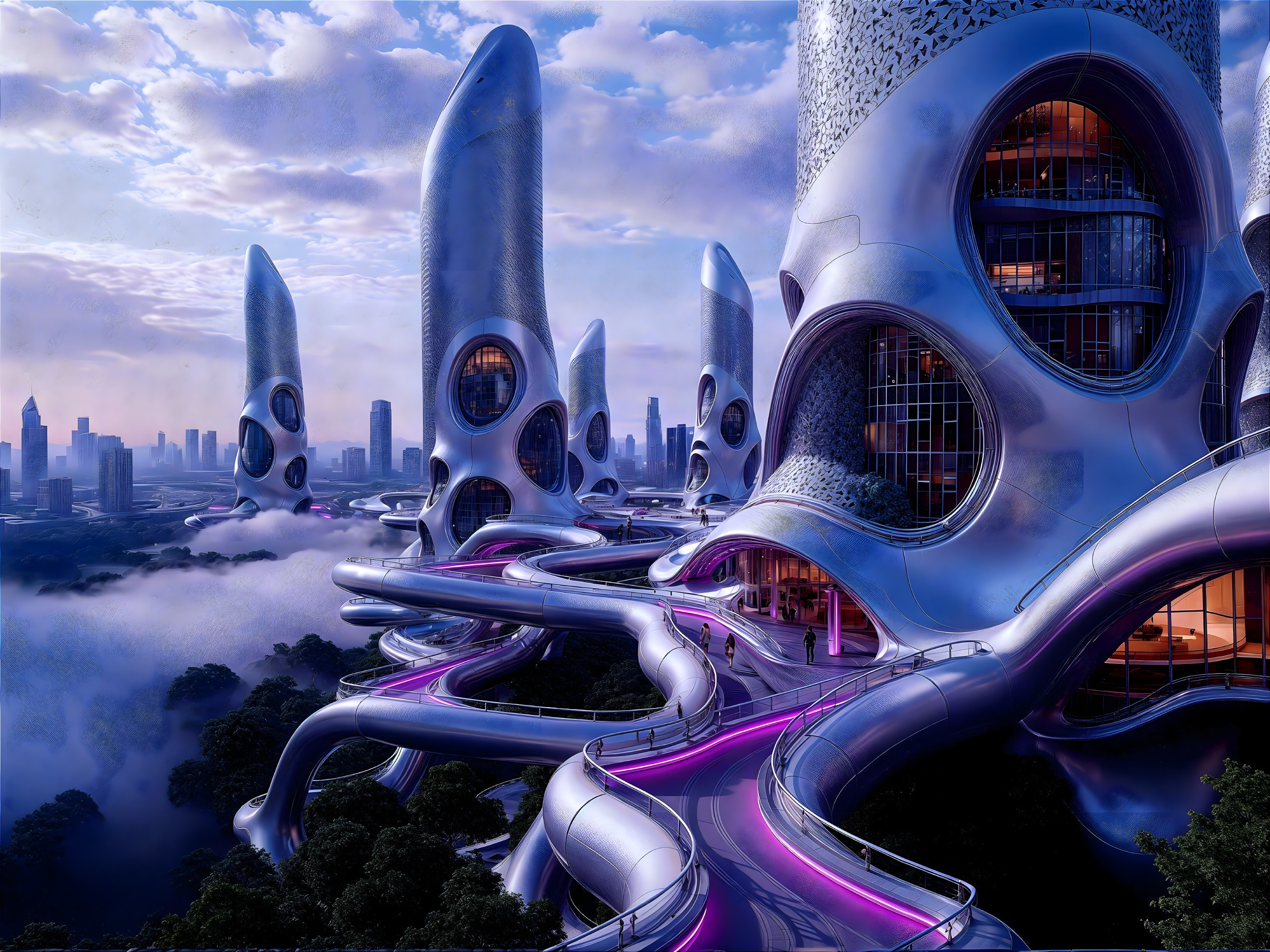 Futuristic cityscape with sleek architecture and mist