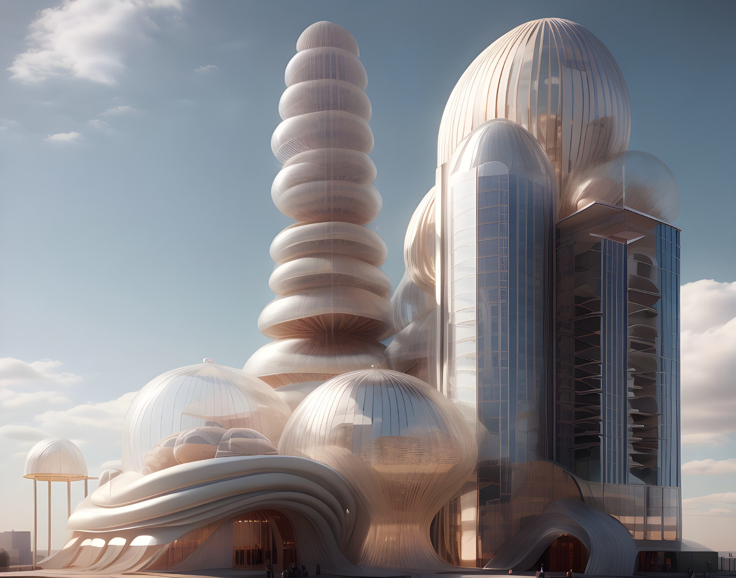 Futuristic Building with Organic Shapes and Glass Surfaces