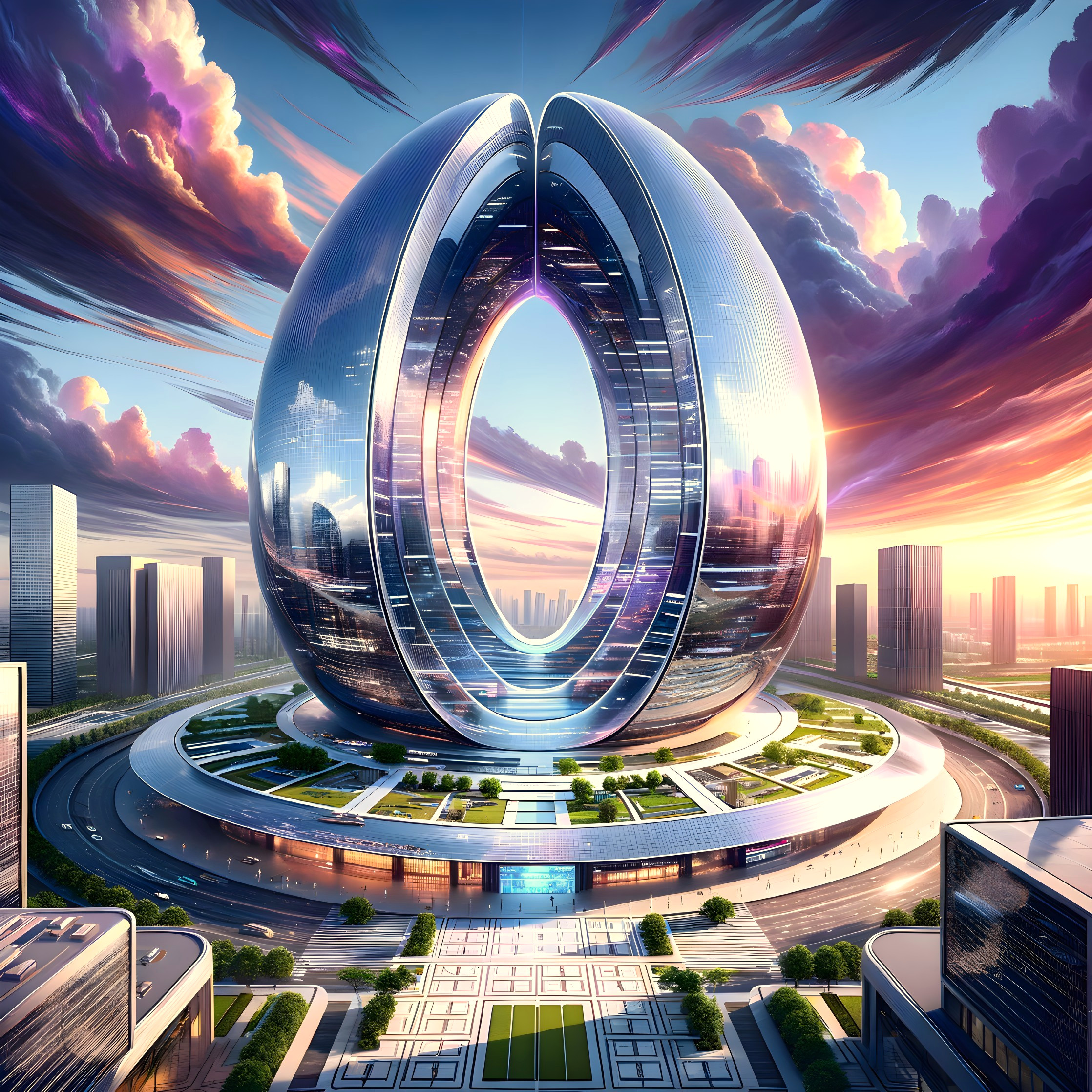 Futuristic Metallic Egg-Shaped Architectural Structure