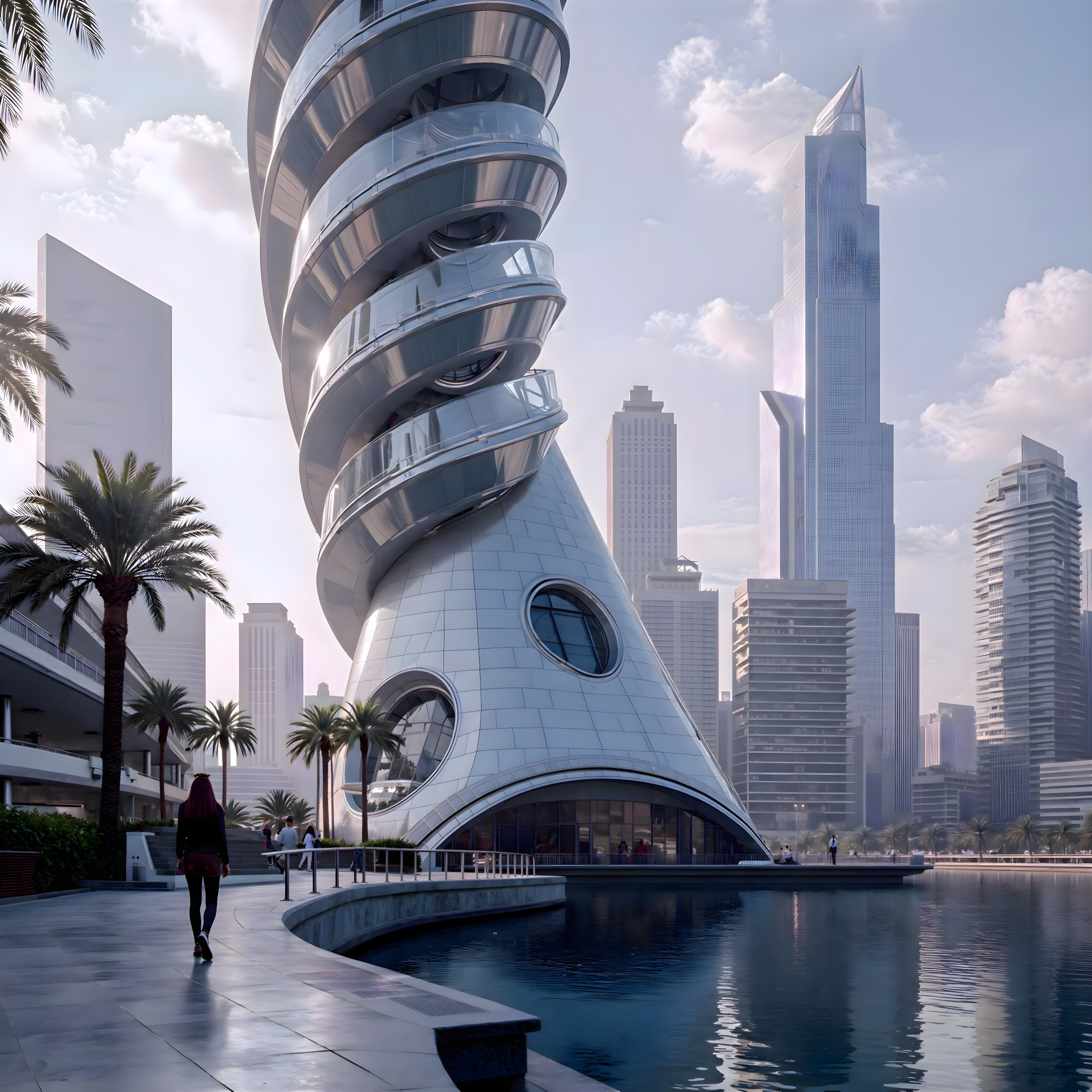 Futuristic Spiral Building in Modern Cityscape