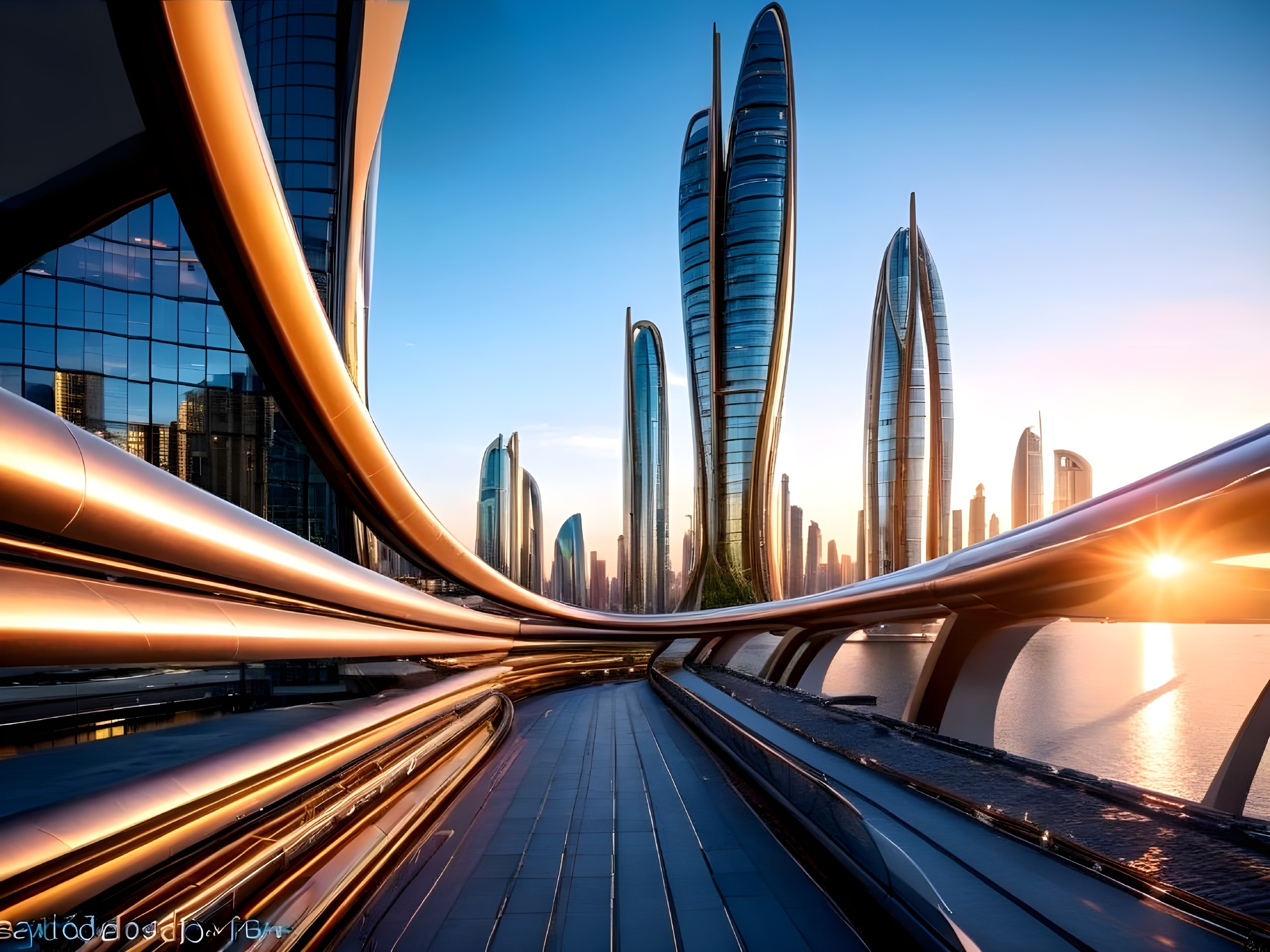 Futuristic cityscape at sunset with sleek skyscrapers