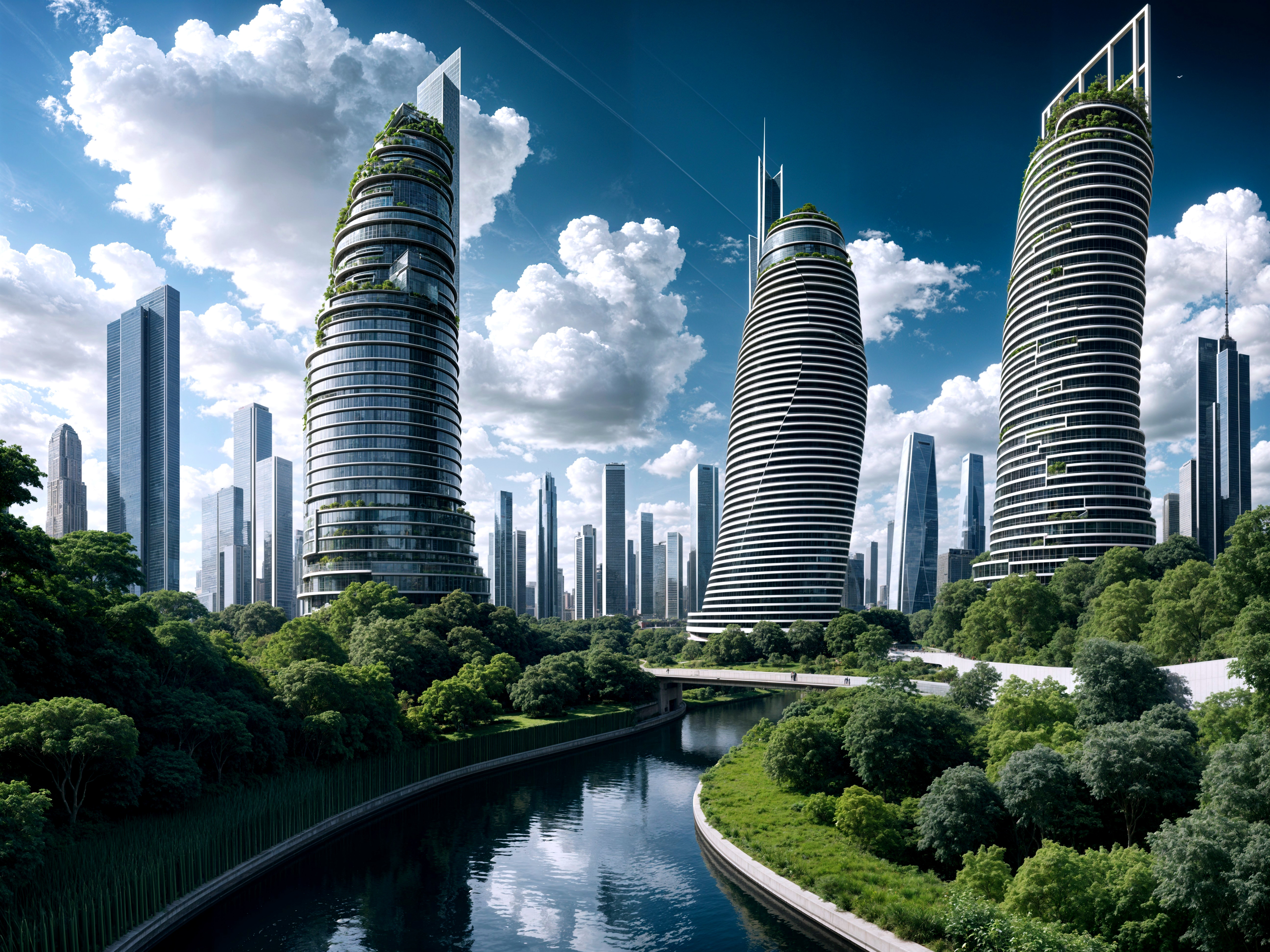 Futuristic cityscape with twisting skyscrapers and gardens