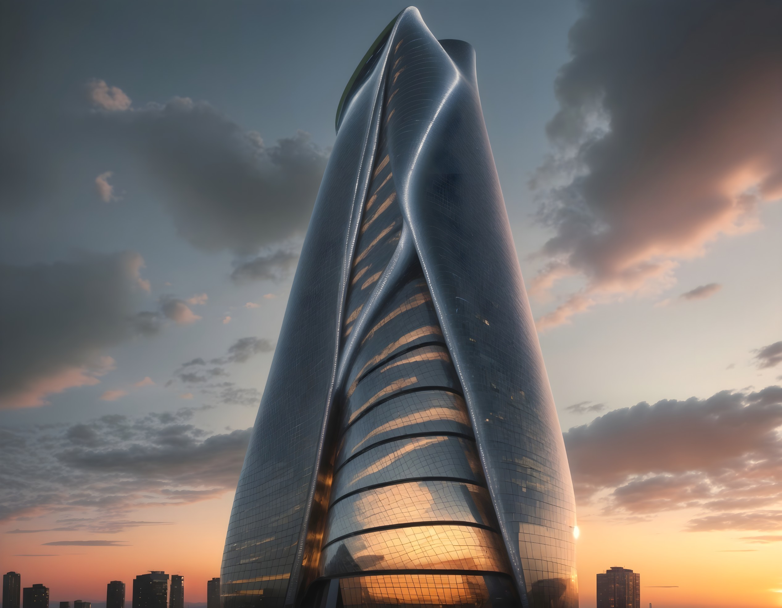 Modern Twisting Skyscraper Reflecting Sunset Colors