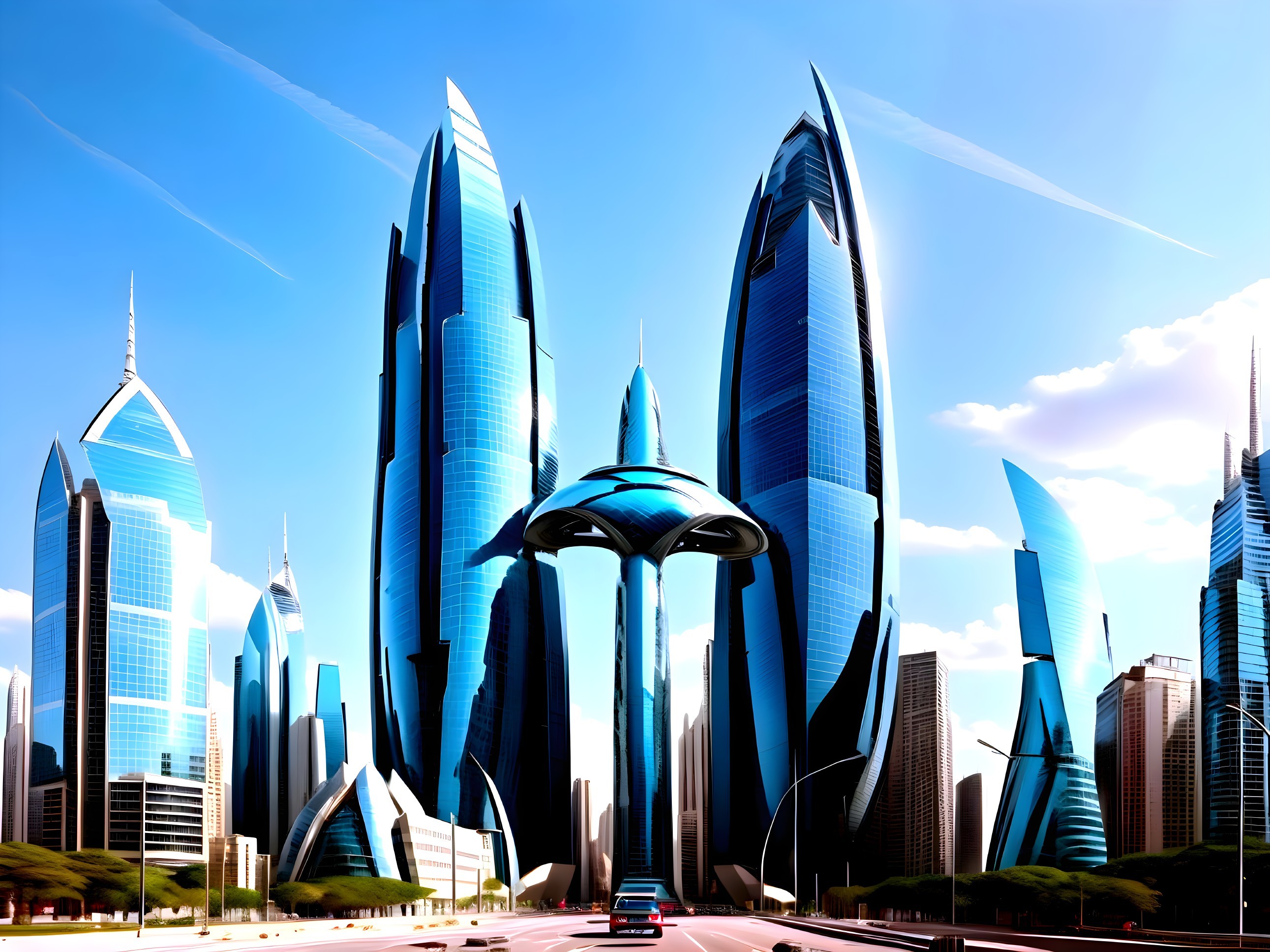 Futuristic cityscape with sleek skyscrapers and hovercraft