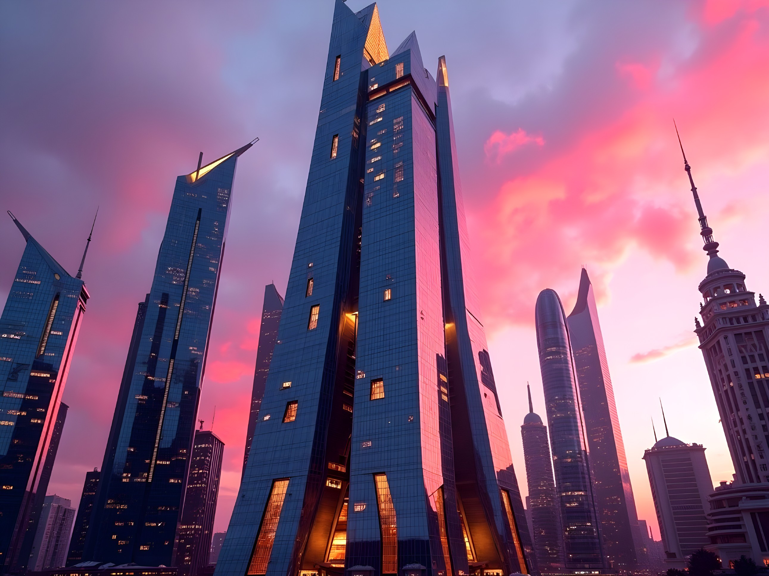 Urban skyline at dusk with modern skyscrapers and clouds