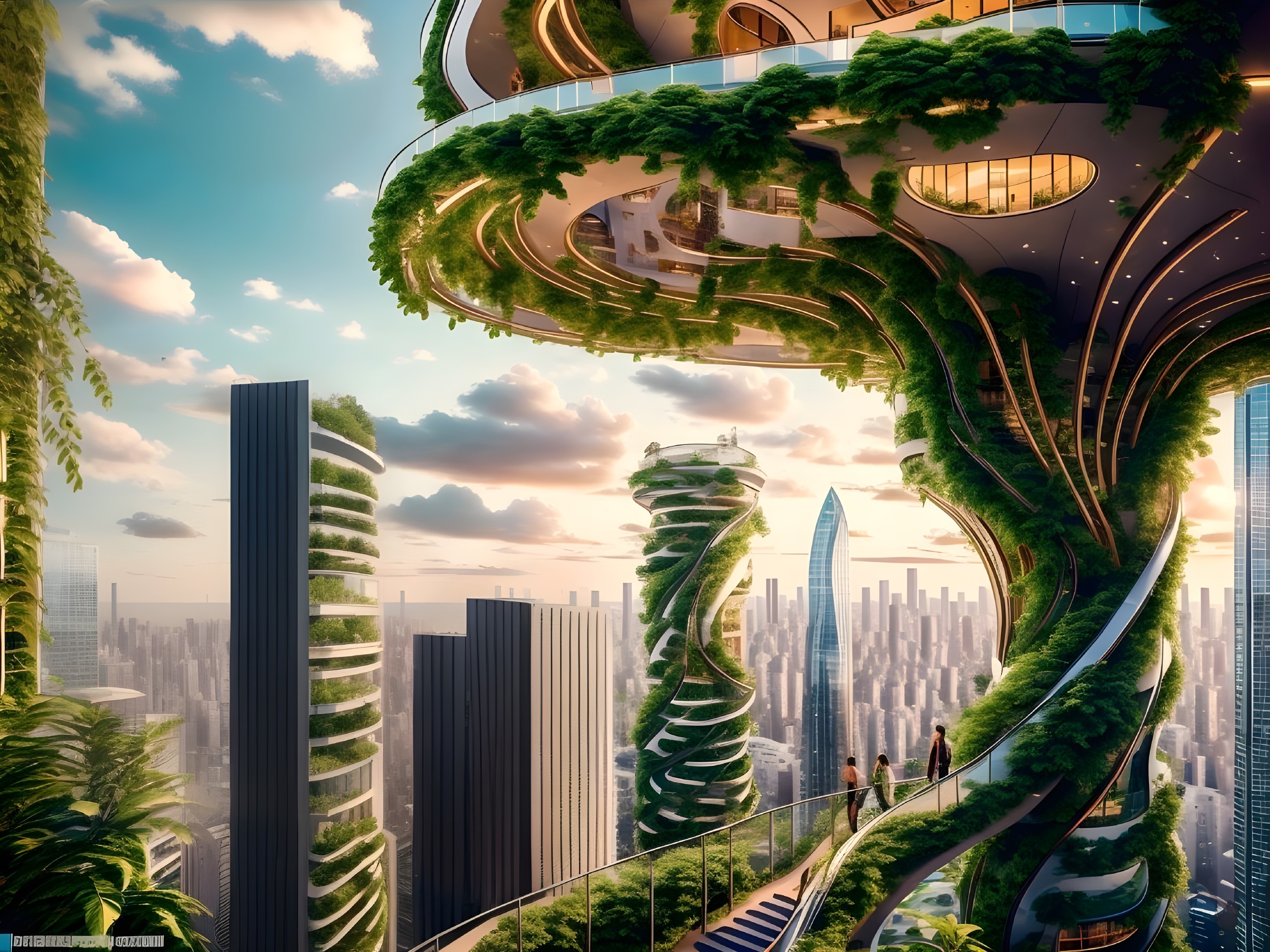 Futuristic cityscape with greenery and organic architecture