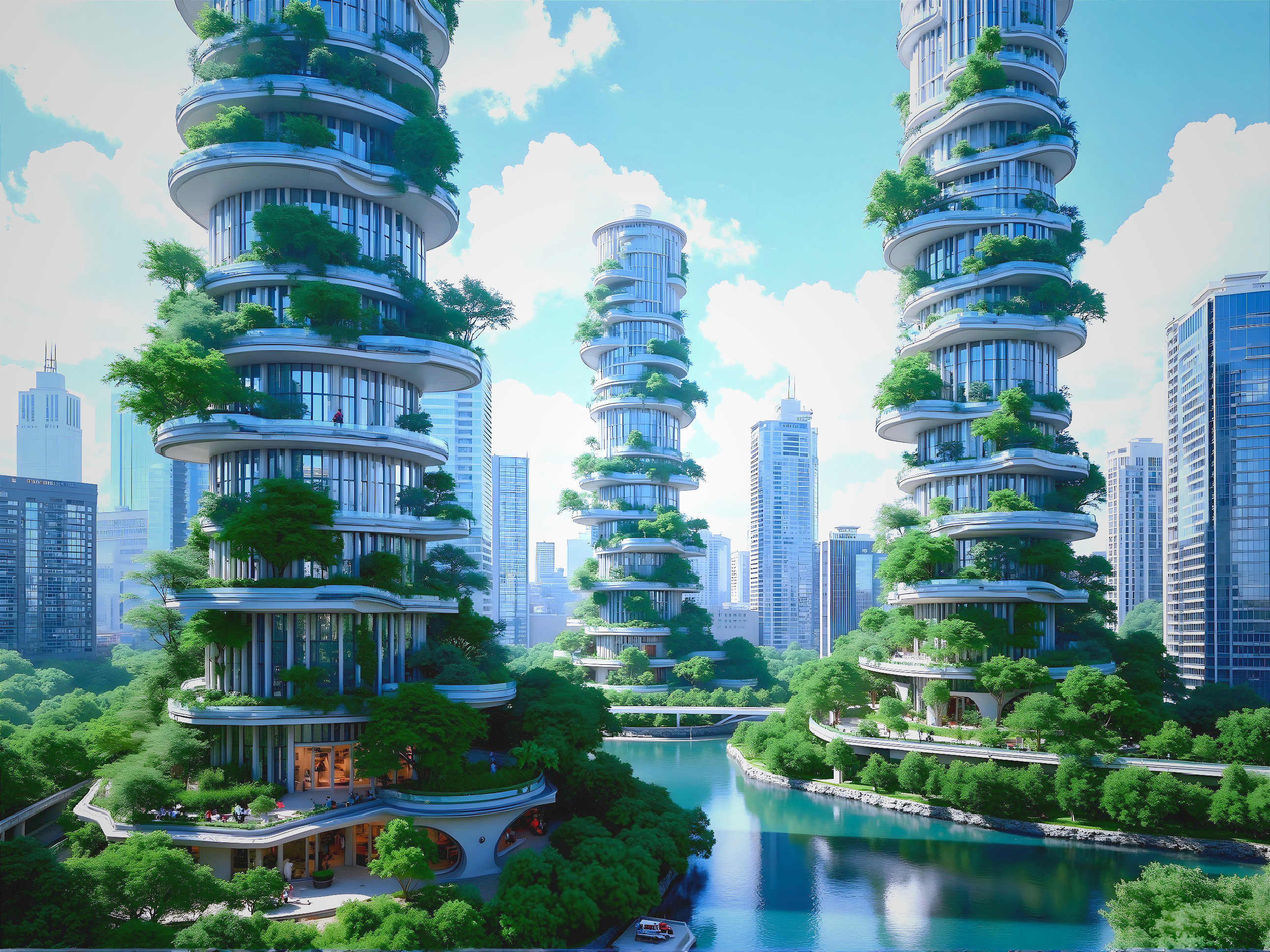 Futuristic Skyscrapers with Spiral Designs and Greenery