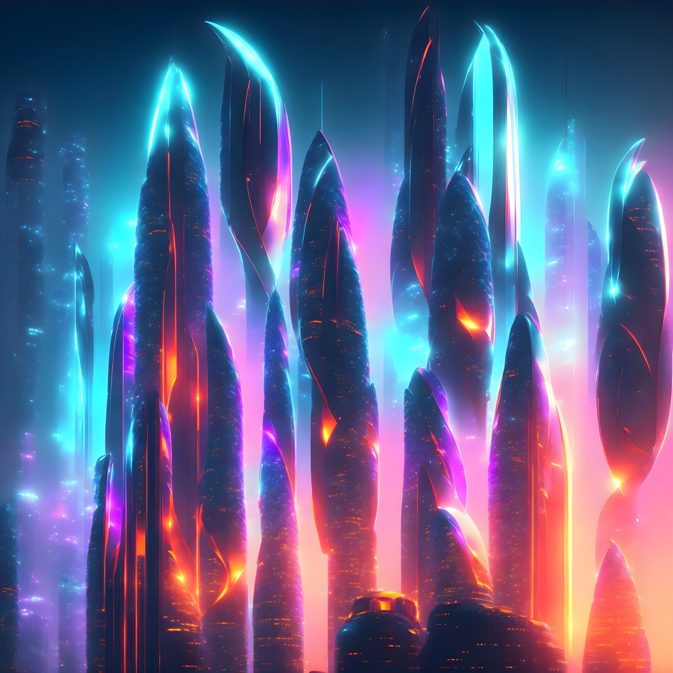 Futuristic cityscape with luminous, colorful structures