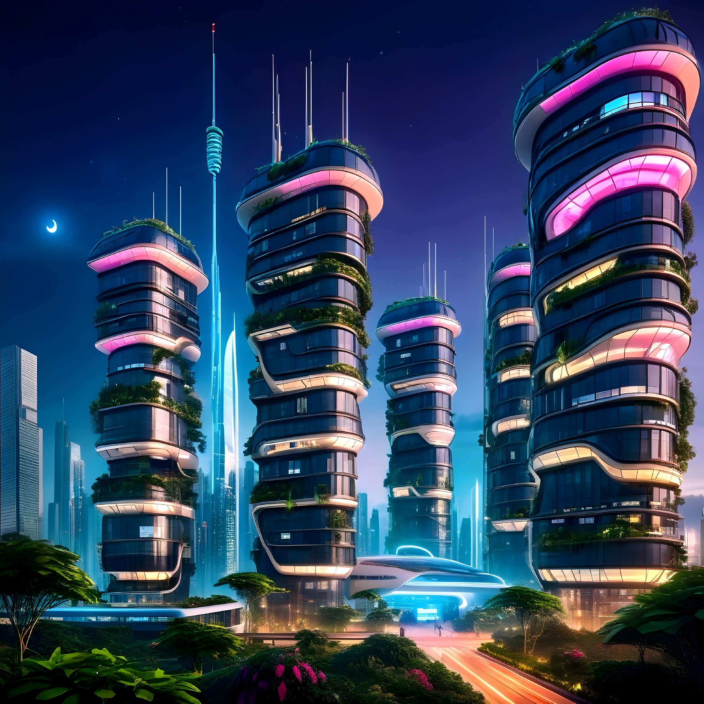 Futuristic Night Cityscape with Neon Lights and Skyscrapers