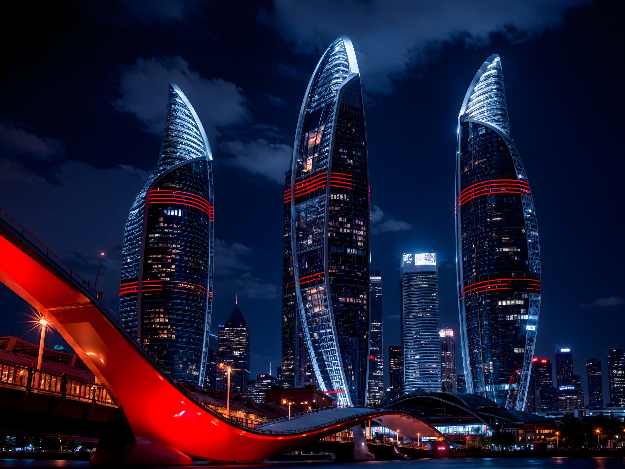 Futuristic Night Skyline with Colorful Skyscrapers