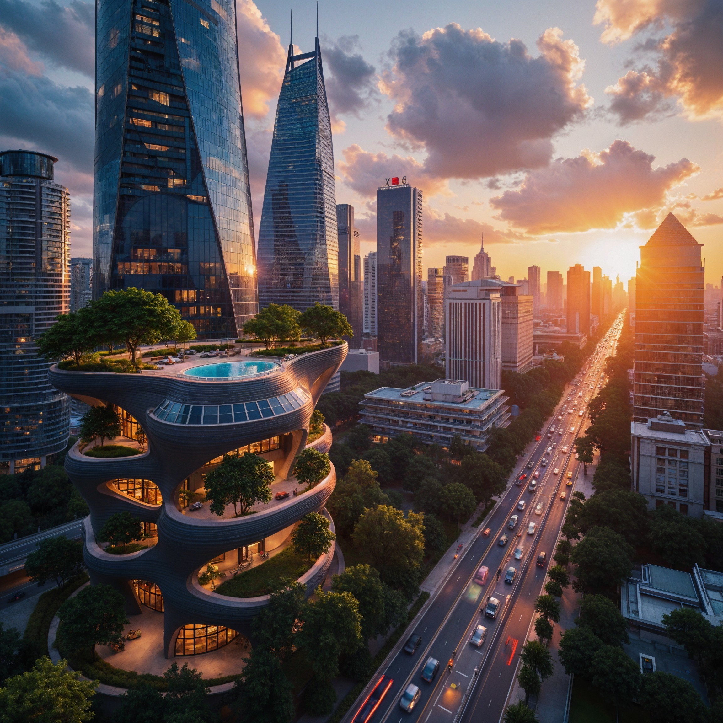Futuristic Architectural Building with Greenery and Pool