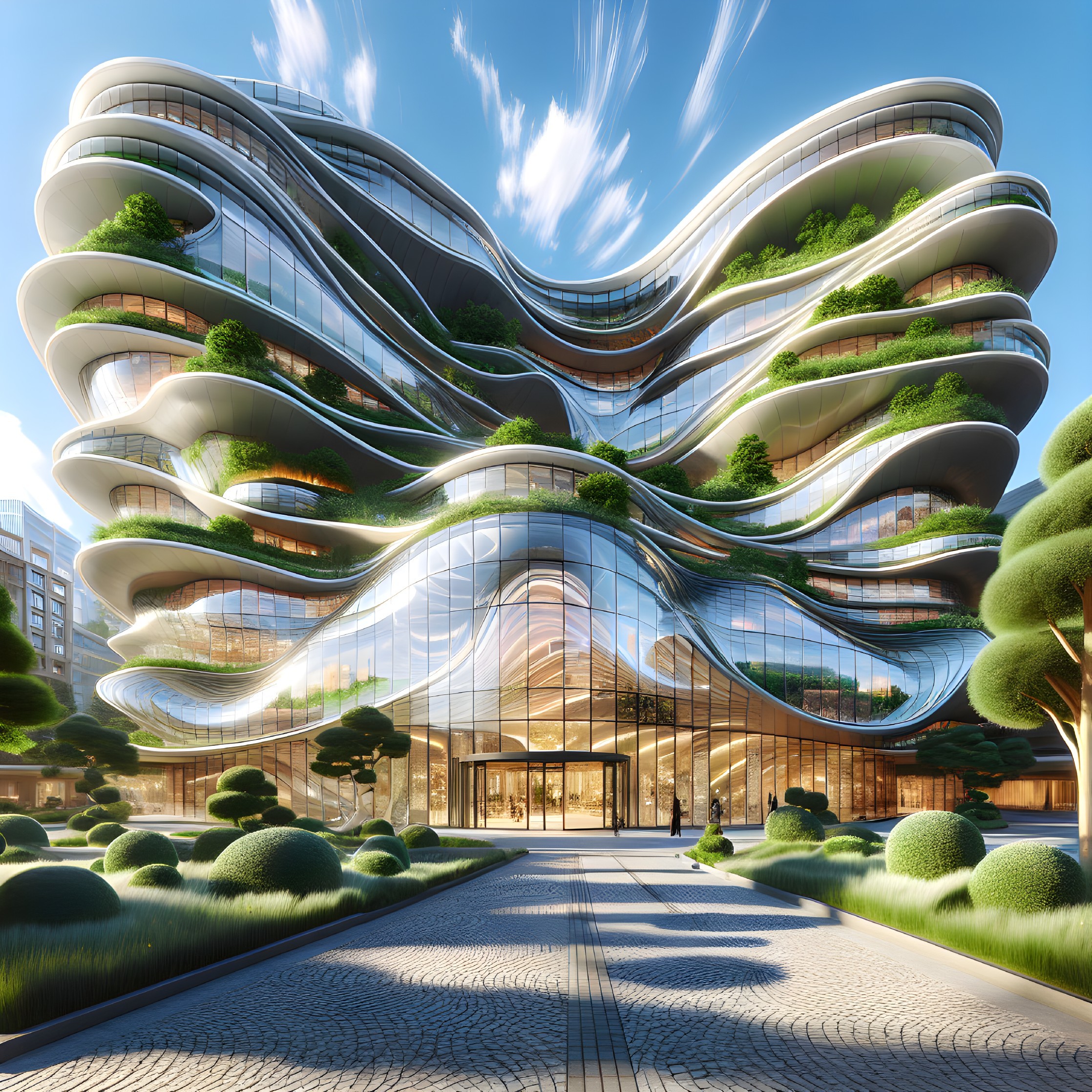 Futuristic Building with Organic Wave-Like Design