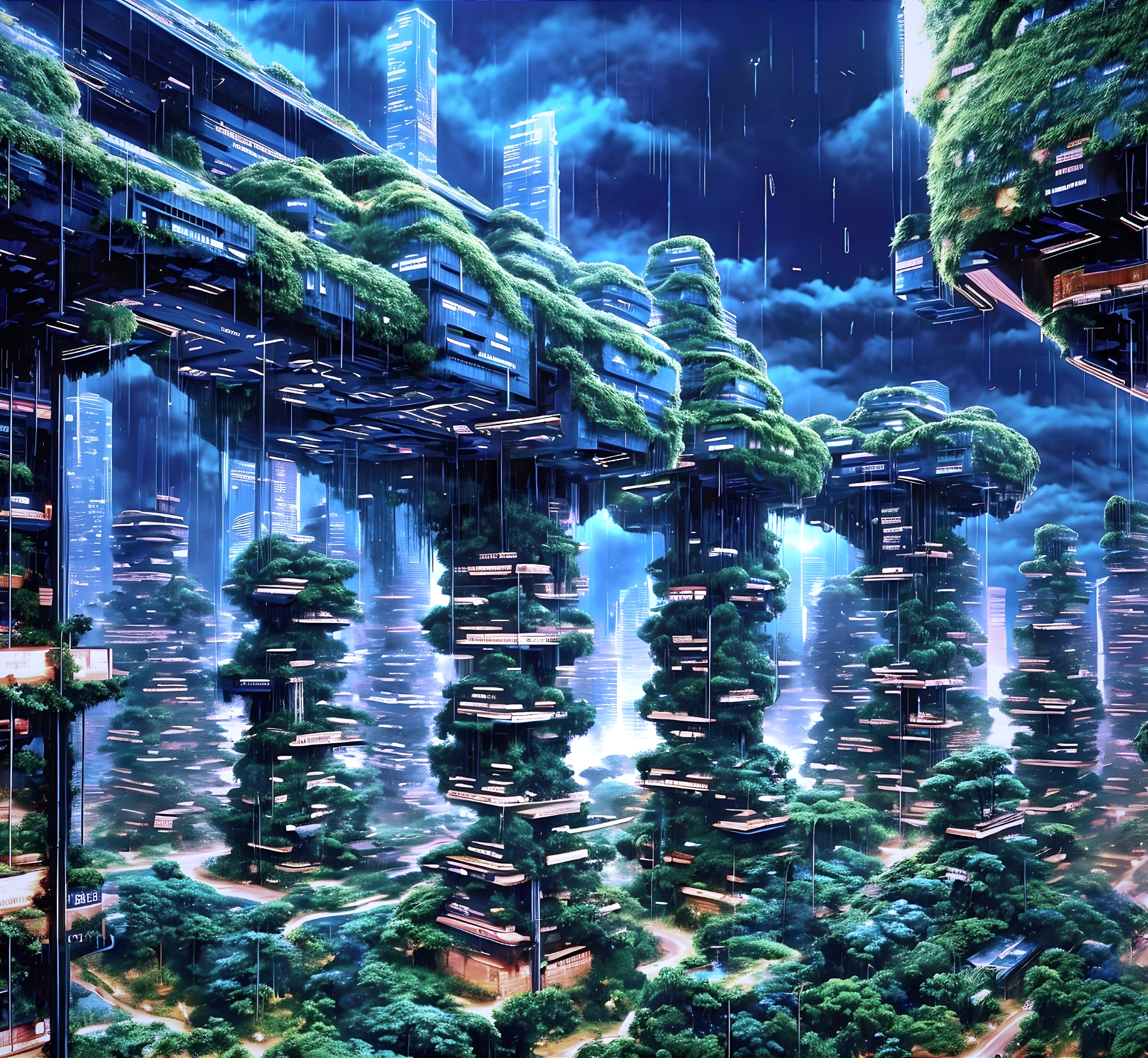Futuristic landscape with floating platforms and greenery