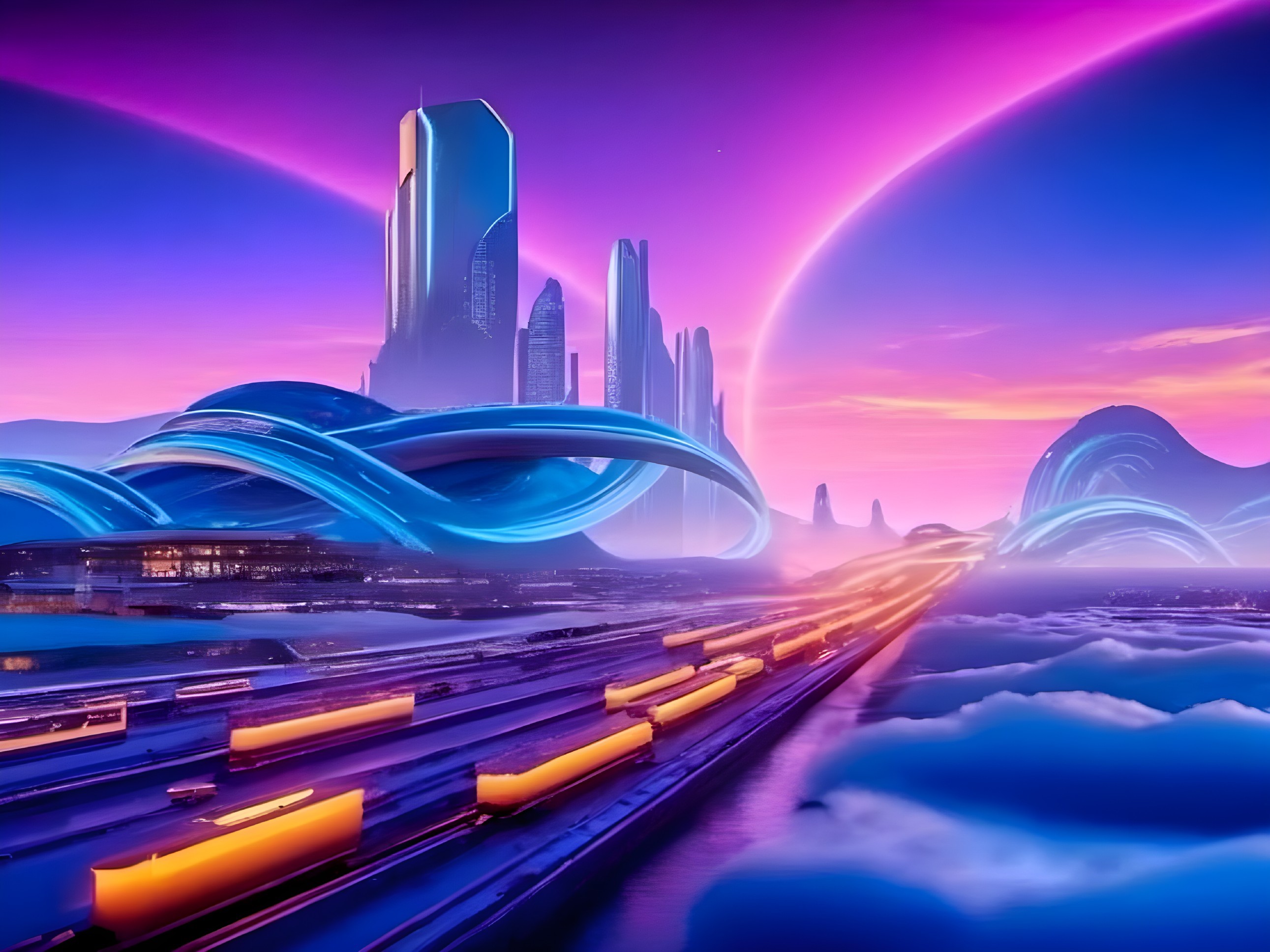 Futuristic cityscape with vibrant skyscrapers and waves