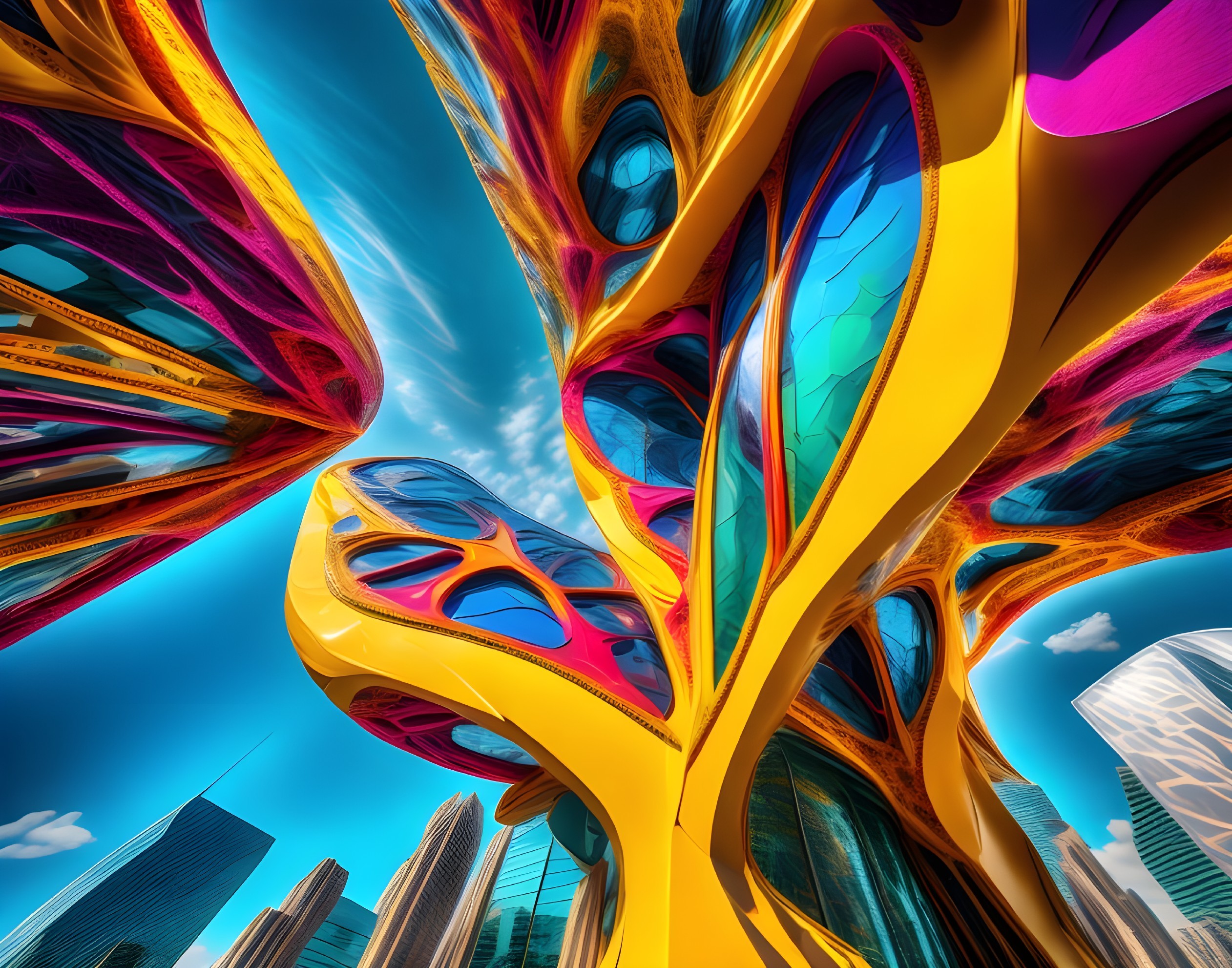 Futuristic Building with Vibrant Swirling Design