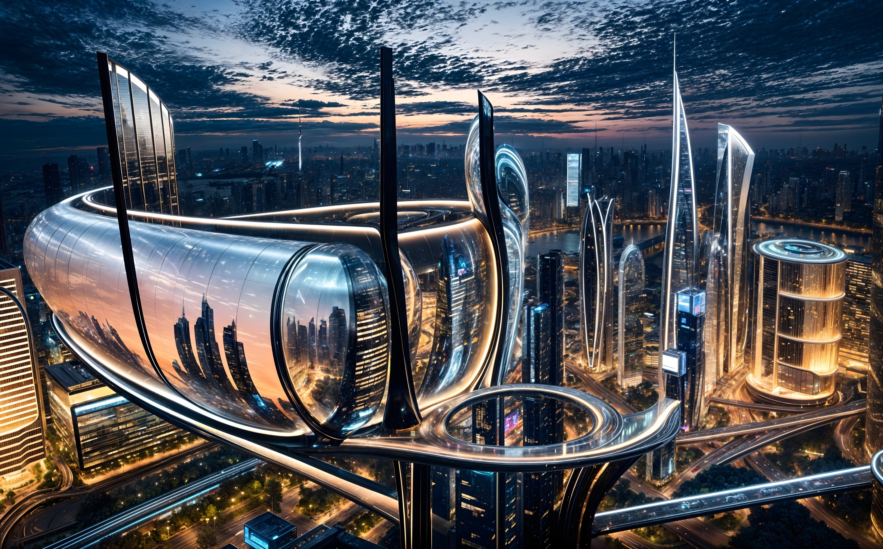 Futuristic cityscape at dusk with reflective buildings